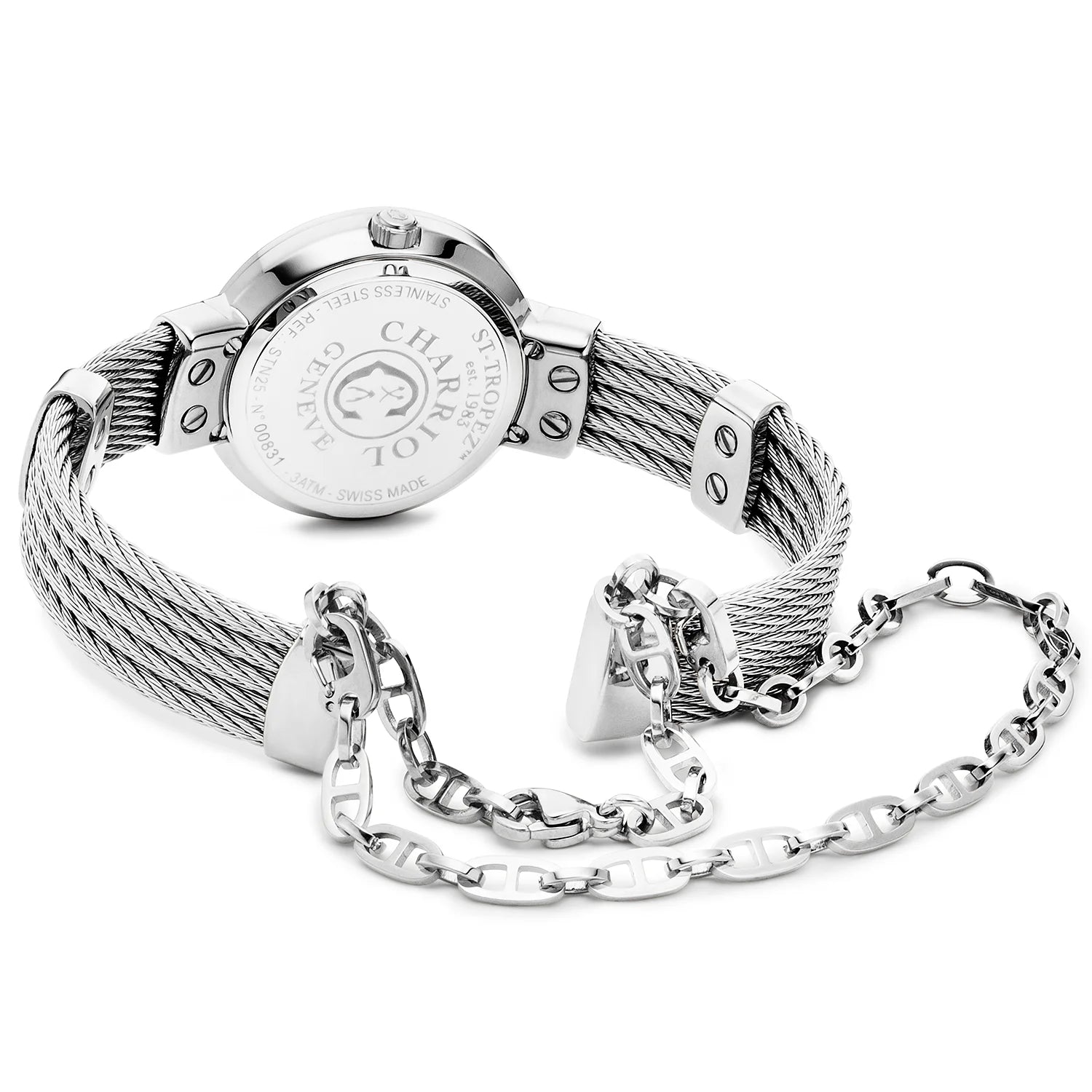 ST TROPEZ, 25MM, QUARZKALIBER, WEISSE PERLMUTTER MIT LUMINESZENT "LOVE" ZIFFER, WEISSE PERLMUTTER MIT 8 DIAMANTEN BESETZT, STAHLKABELARMBAND - Charriol Geneve - Watch