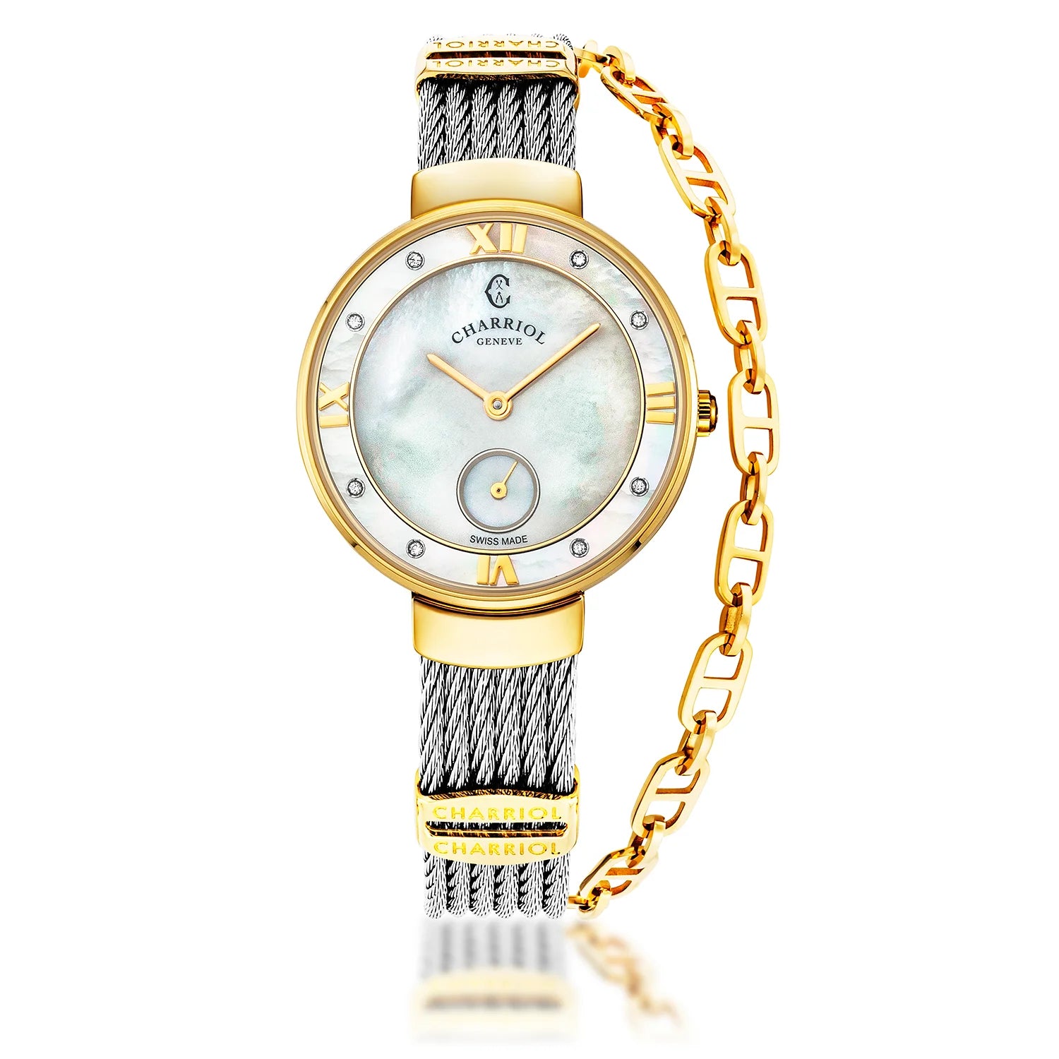 ST TROPEZ, 30MM, QUARTZ KALIBRIEREN, PERLMUTTER ZIFFERN, PERLMUTTER MIT 8 DIAMONEN, STAHLKABELARMBAND - Charriol Geneve - Watch