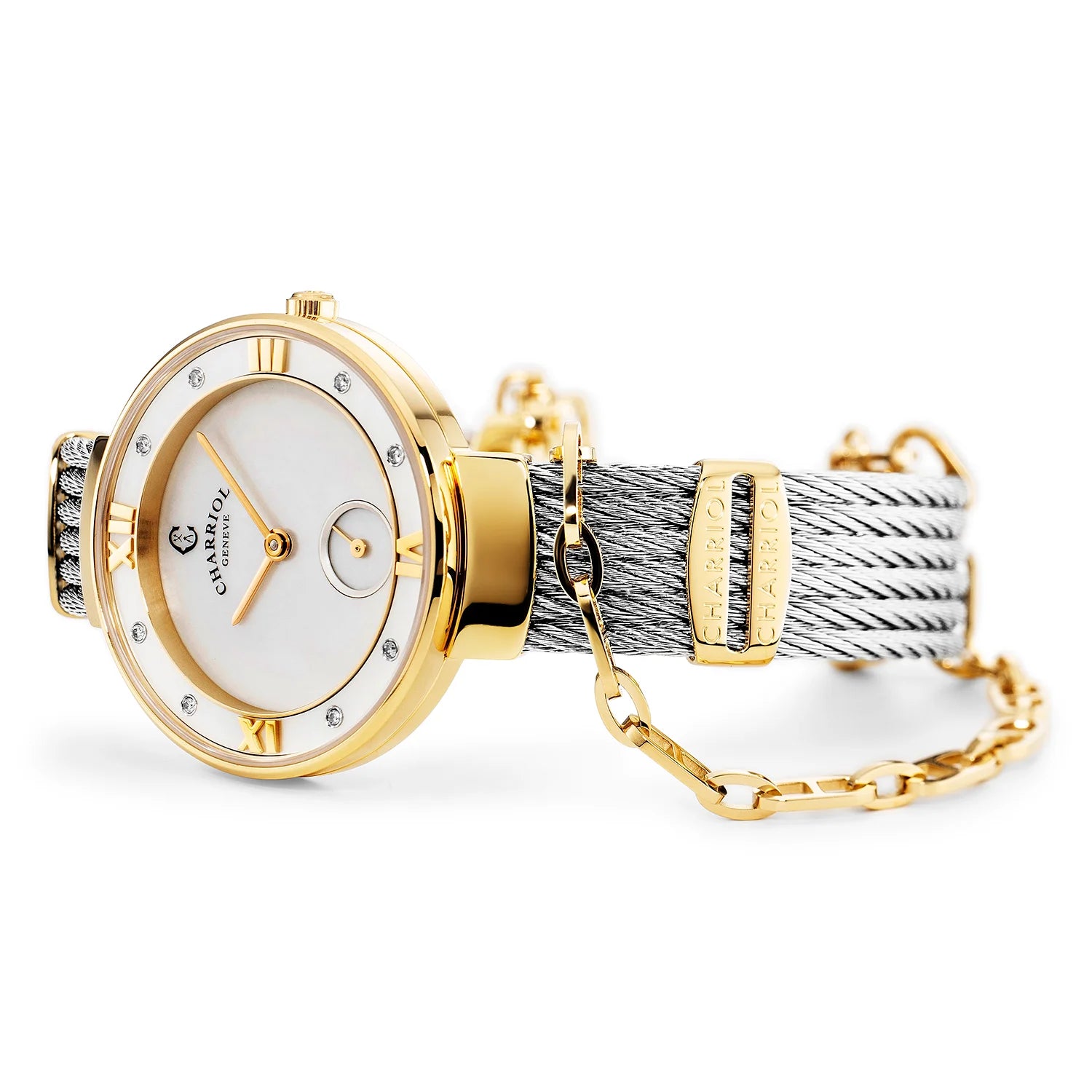 ST TROPEZ, 30MM, QUARTZ KALIBRIEREN, PERLMUTTER ZIFFERN, PERLMUTTER MIT 8 DIAMONEN, STAHLKABELARMBAND - Charriol Geneve - Watch