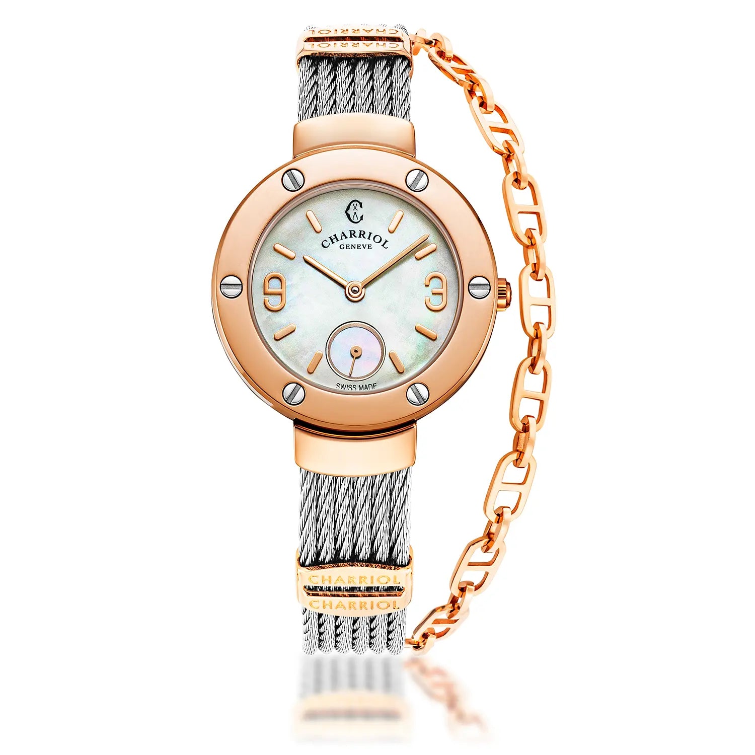 ST TROPEZ, 30MM, QUARTZ KALIBRIEREN, PERMUTTER-ZEICHEN, ROSENGOLD PVD MIT 6 SCHRAUBEN BAND, STAHLKABELARMBAND - Charriol Geneve - Watch