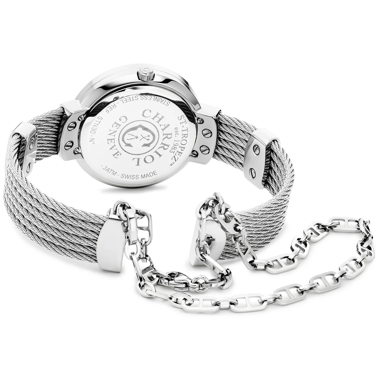 ST TROPEZ, 30MM, QUARZKALIBER, PERLMUTTER-ZEICHEN, STAHL MIT 6 DIAMANTEN, STAHLKABELARMBAND - Charriol Geneve - Watch