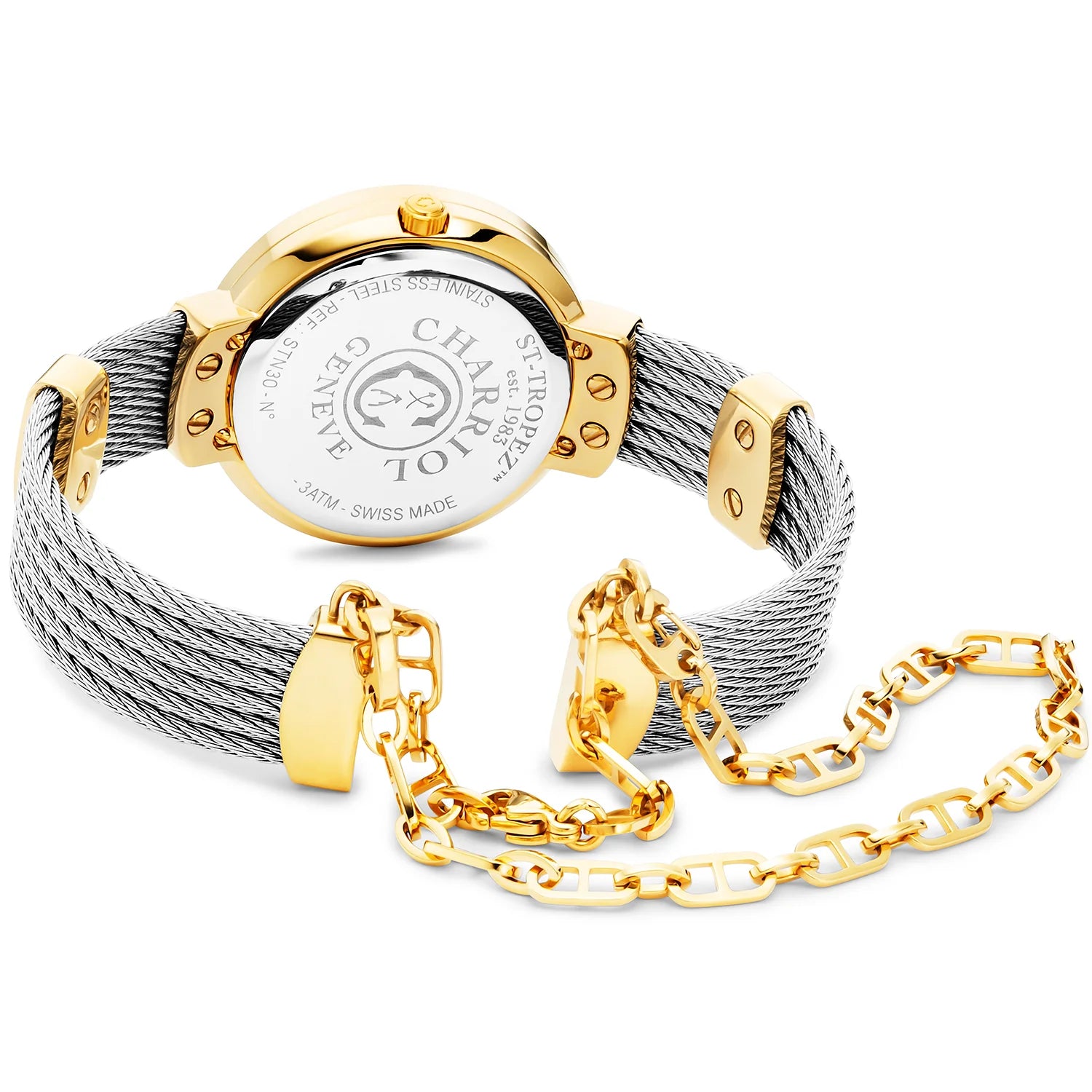 ST TROPEZ, 30MM, QUARTZ KALIBER, PERLMUTTER ZIFFERN, GELB GOLD PVD MIT 30 DIAMONEN, STAHLKABELARMBAND - Charriol Geneve - Watch