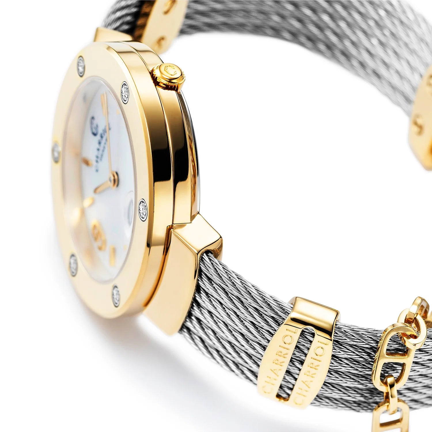 ST TROPEZ, 30MM, QUARTZ KALIBER, PERLMUTTER ZIFFERN, GELB GOLD PVD MIT 6 DIAMONEN, STAHLKABELARMBAND - Charriol Geneve - Watch