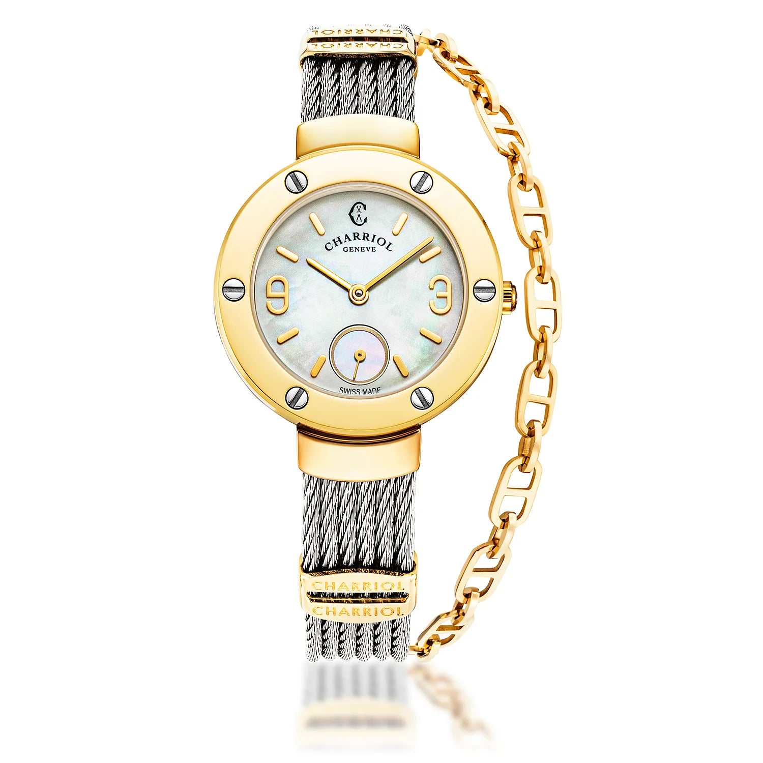 ST TROPEZ, 30MM, QUARTZKALIBER, PERMUTTER-ZEICHER, GELB GOLD PVD MIT 6 SCHRAUBEN BESAND, STAHLKABELARMBAND - Charriol Geneve - Watch