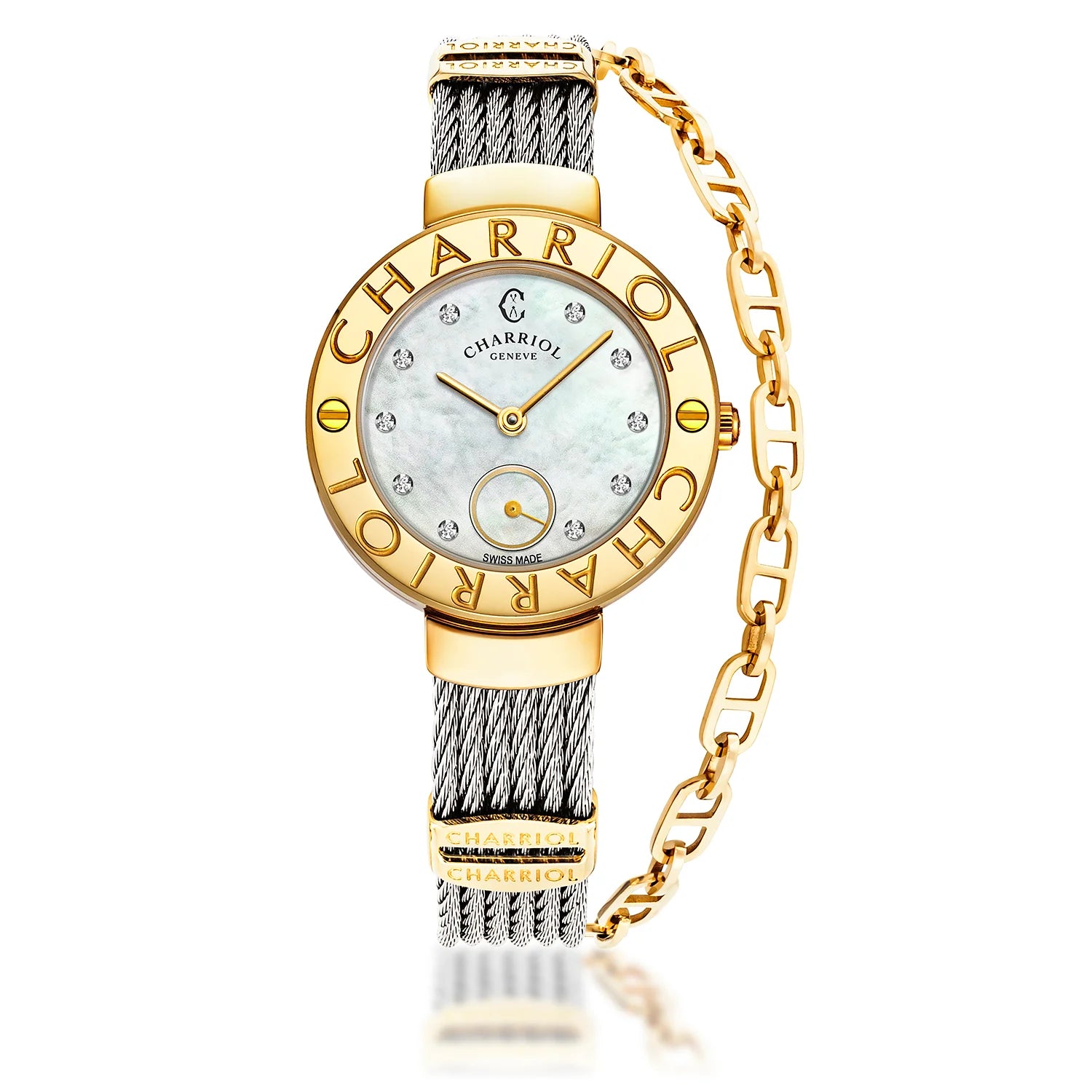 ST TROPEZ, 30MM, QUARTZ KALIBER, PERLMUTTER MIT 10 DIAMONEN ZIFFERN, "CHARRIOL CHARRIOL " FASSUNG, STAHLKABELARMBAND - Charriol Geneve - Watch