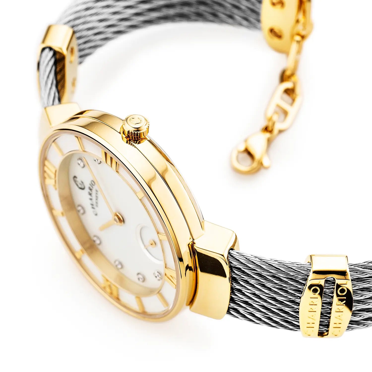 ST TROPEZ, 30MM, QUARTZKALIBER, PERLMUTTER MIT 10 DIAMANTEN ZIFFERN, PERLMUTTERKREUZ, STAHLKABELARMBAND - Charriol Geneve - Watch