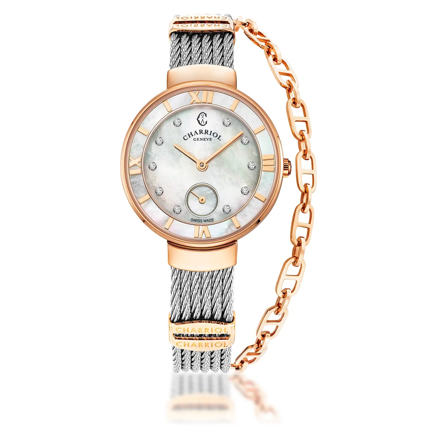 ST TROPEZ, 30MM, QUARTZKALIBER, PERLMUTTER MIT 10 DIAMANTEN ZIFFERN, PERLMUTTERKREUZ, STAHLKABELARMBAND - Charriol Geneve - Watch