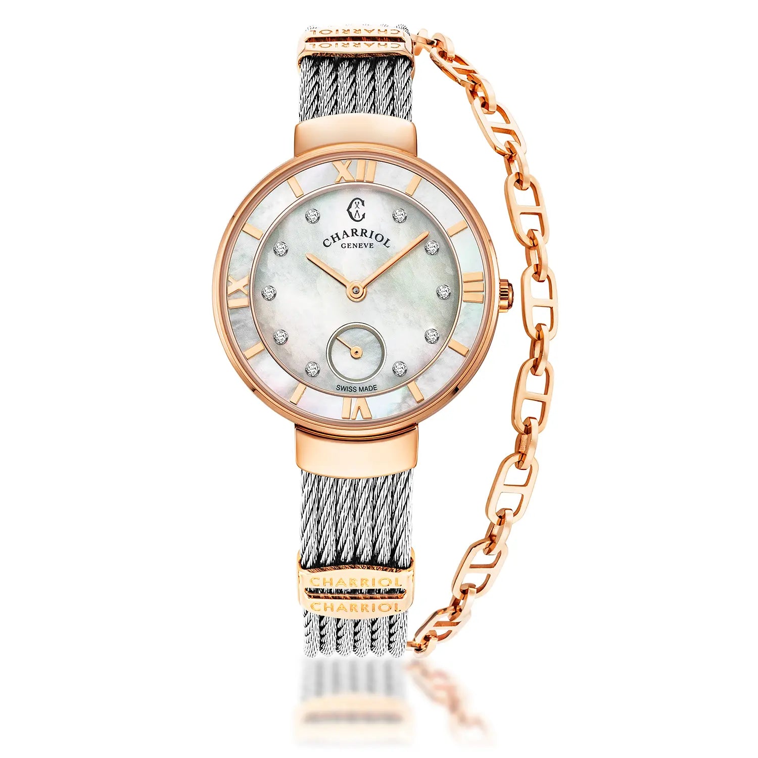 ST TROPEZ, 30MM, QUARTZKALIBER, PERLMUTTER MIT 10 DIAMANTEN ZIFFERN, PERLMUTTERKREUZ, STAHLKABELARMBAND - Charriol Geneve - Watch