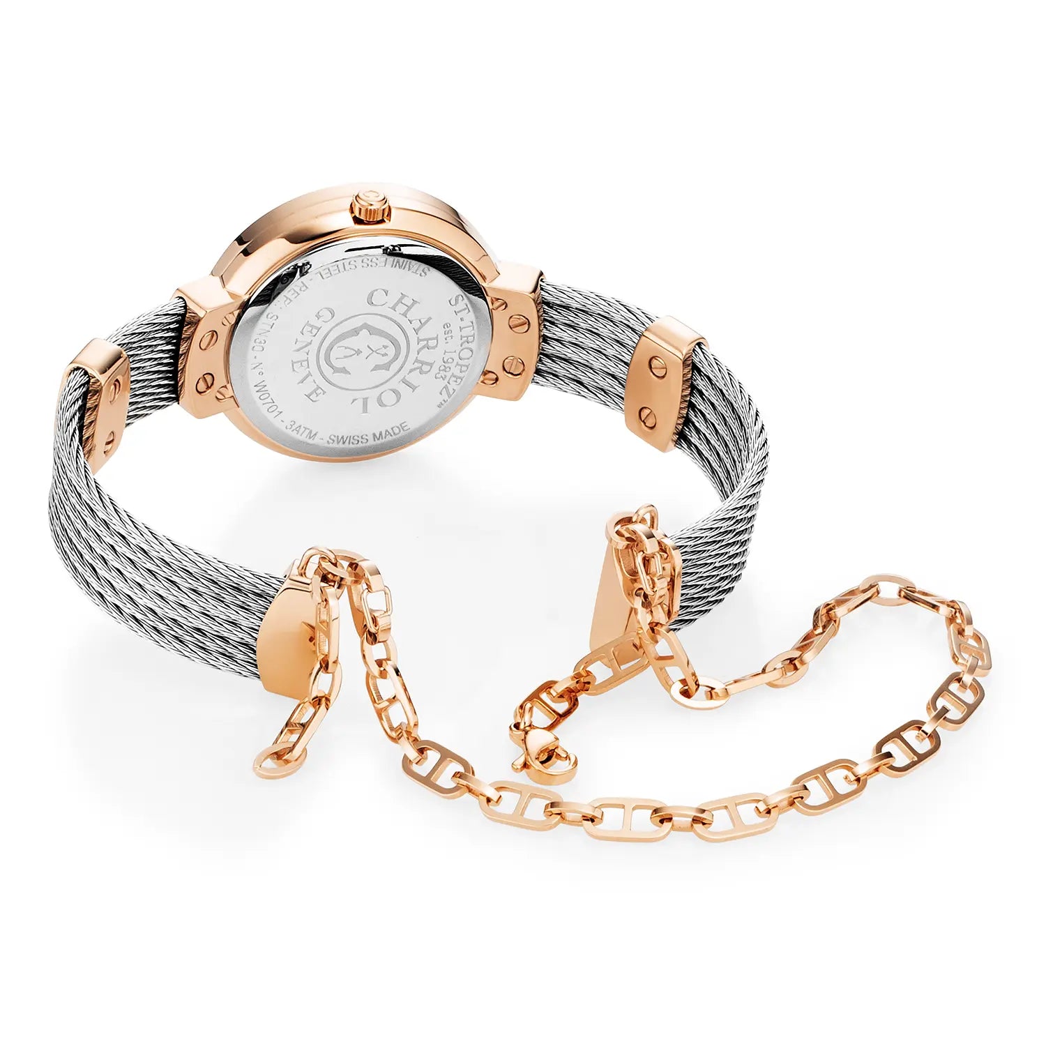 ST TROPEZ, 30MM, QUARTZKALIBER, PERLMUTTER MIT 10 DIAMANTEN ZIFFERN, PERLMUTTERKREUZ, STAHLKABELARMBAND - Charriol Geneve - Watch