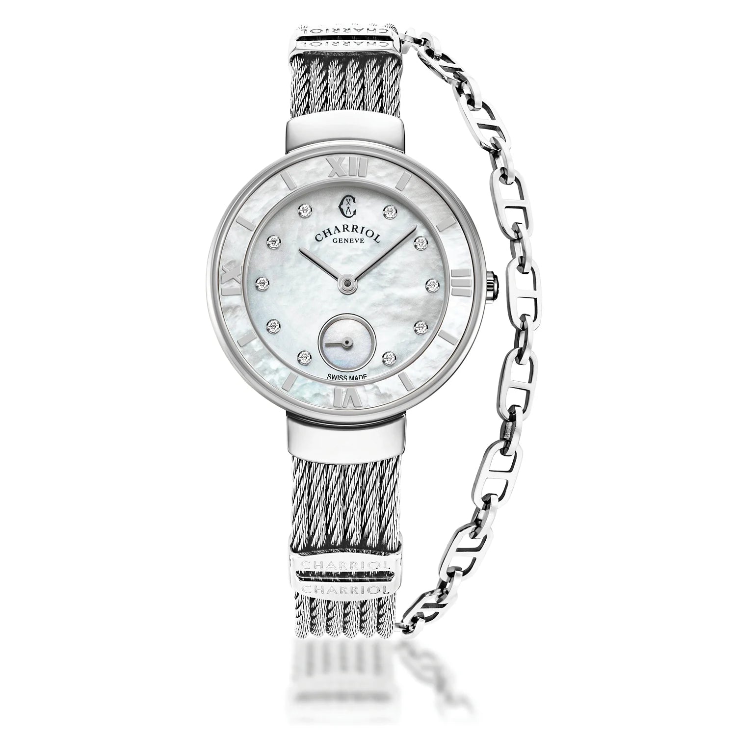 ST TROPEZ, 30MM, QUARTZ KALIBRIEREN, PERLMUTTER MIT 10 DIAMONEN, PERLMUTTERKETTE, STAHLKABELARMBAND - Charriol Geneve - Watch