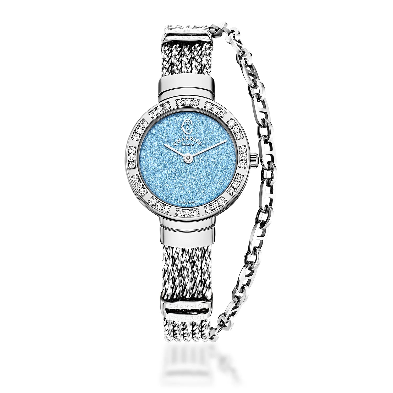 ST TROPEZ GLITTERS, 30MM, QUARTZ-KALIBER, BLAUES GLITTER , 36 DIAMANTEN, STAHLKABELARMBAND - Charriol Geneve - Uhren