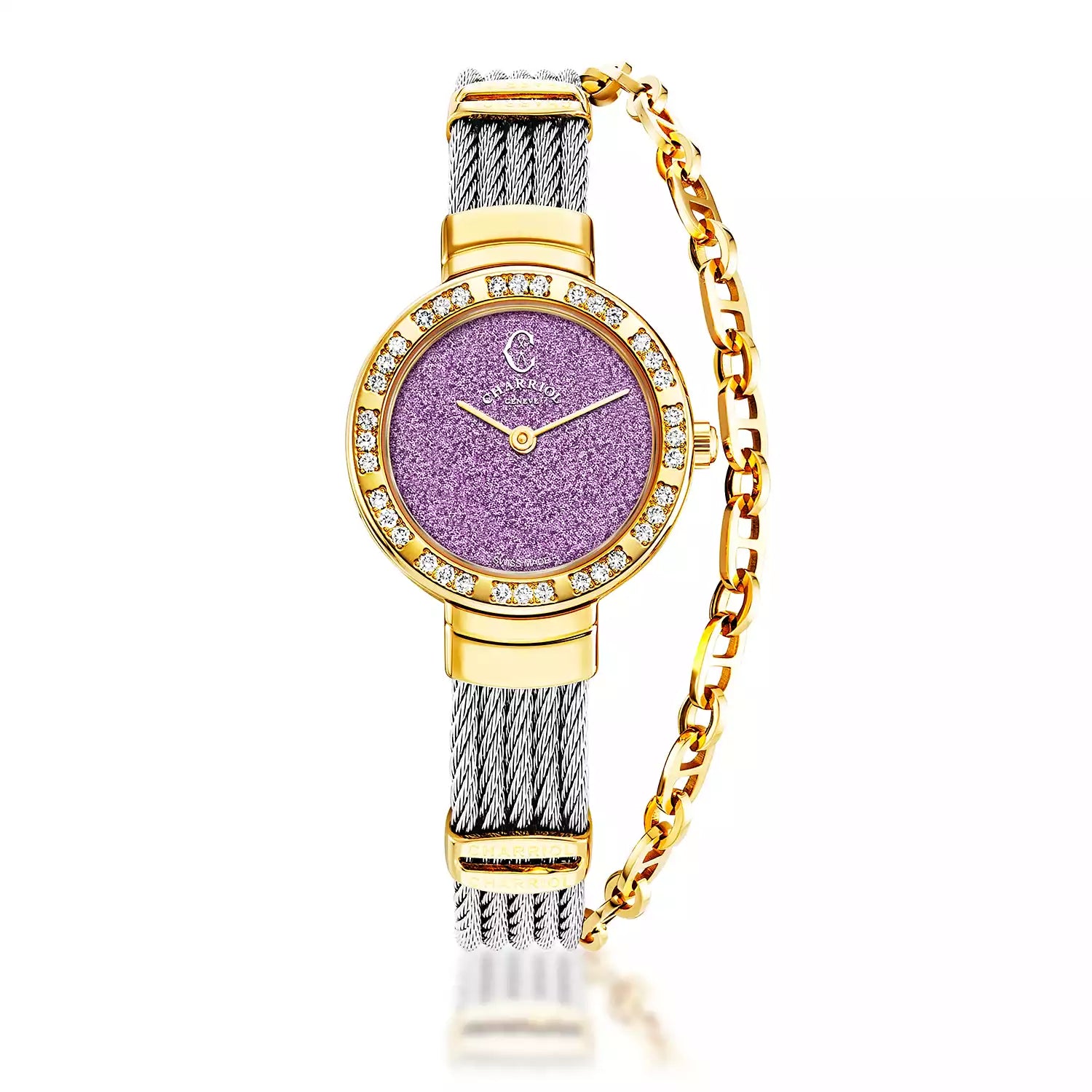 ST TROPEZ GLITTERS, 25MM, QUARTZKALIBER, ZIFFERBLATT PURPEL GLITTER , GELB GOLD PVD MIT 36 DIAMONEN, STAHLKABELARMBAND - Charriol Geneve - Watch