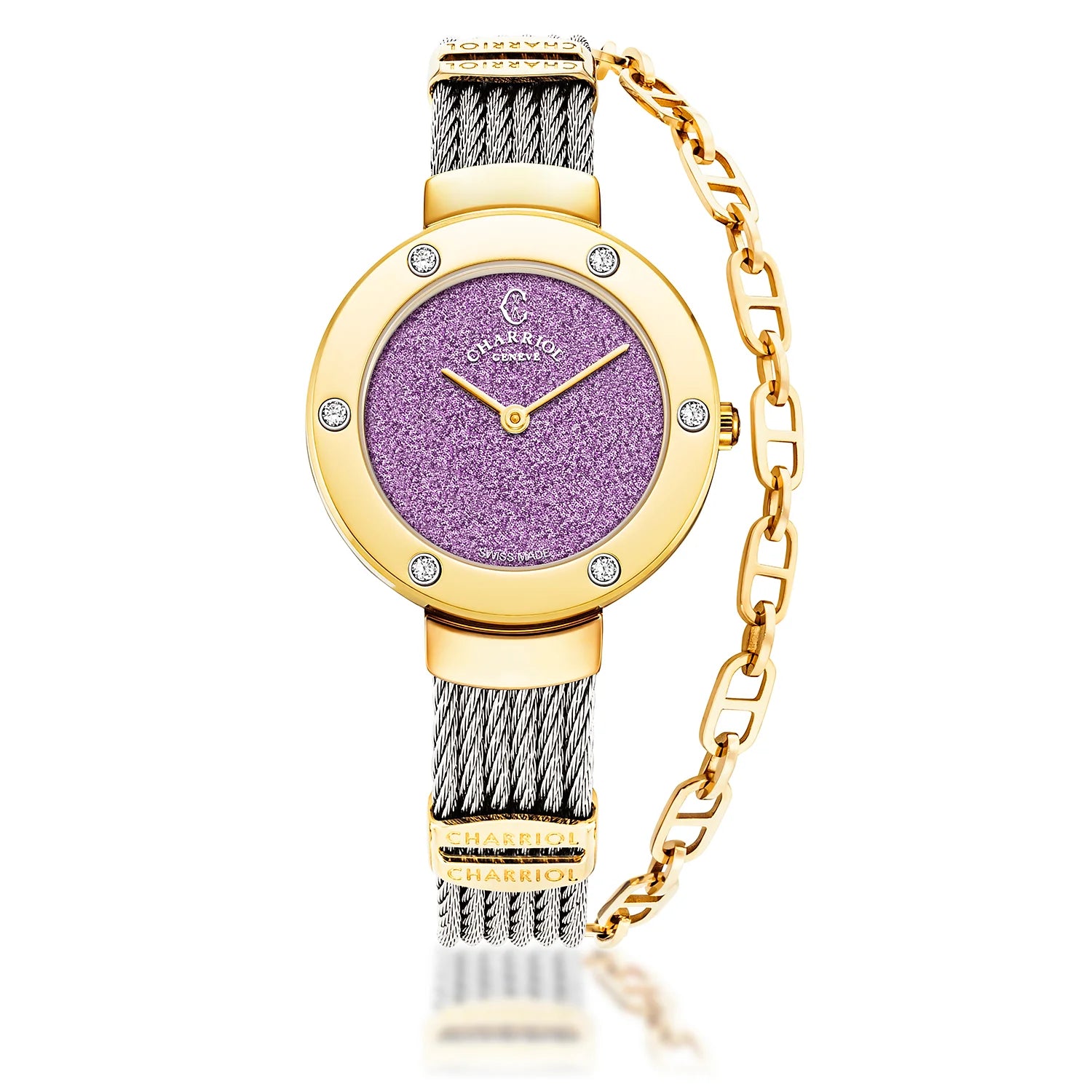 ST TROPEZ GLITTERS, 30MM, ZIFFERBLATT PURPLE GLITTER , GELB GOLD PVD MIT 6 DIAMONEN, STAHLKABELARMBAND - Charriol Geneve - Uhren