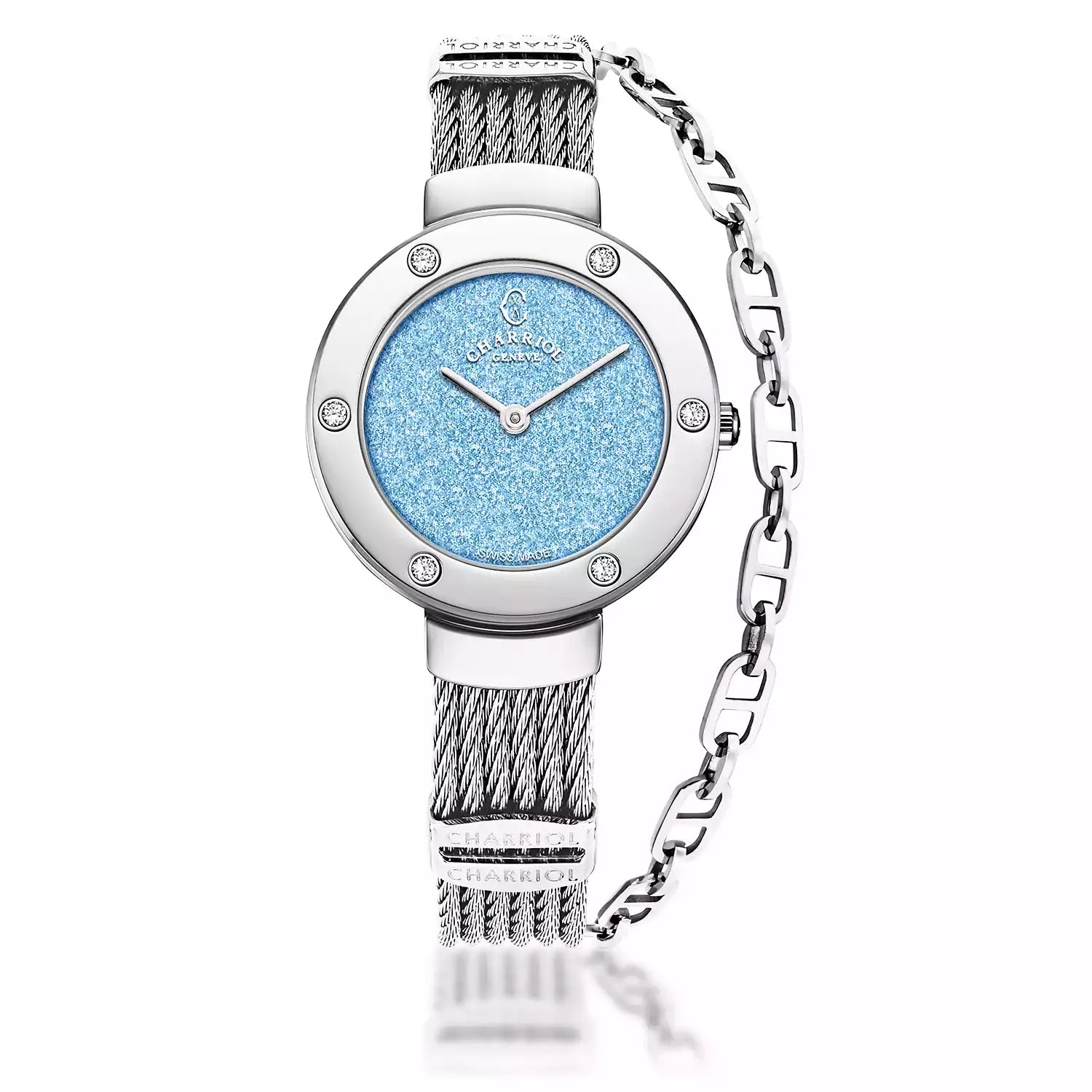 ST TROPEZ GLITTERS, 30MM, QUARTZ-KALIBER, BLAUES GLITTER , STAHL MIT 6 DIAMONEN, STAHLKABELARMBAND - Charriol Geneve - Watch