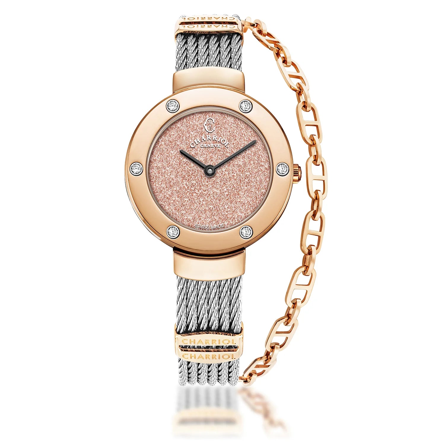 ST TROPEZ GLITTERS, 30MM, QUARTZ-KALIBER, GLITTER , ROSENGOLD PVD MIT 6 DIAMANTEN, STAHLKABELARMBAND - Charriol Geneve - Watch