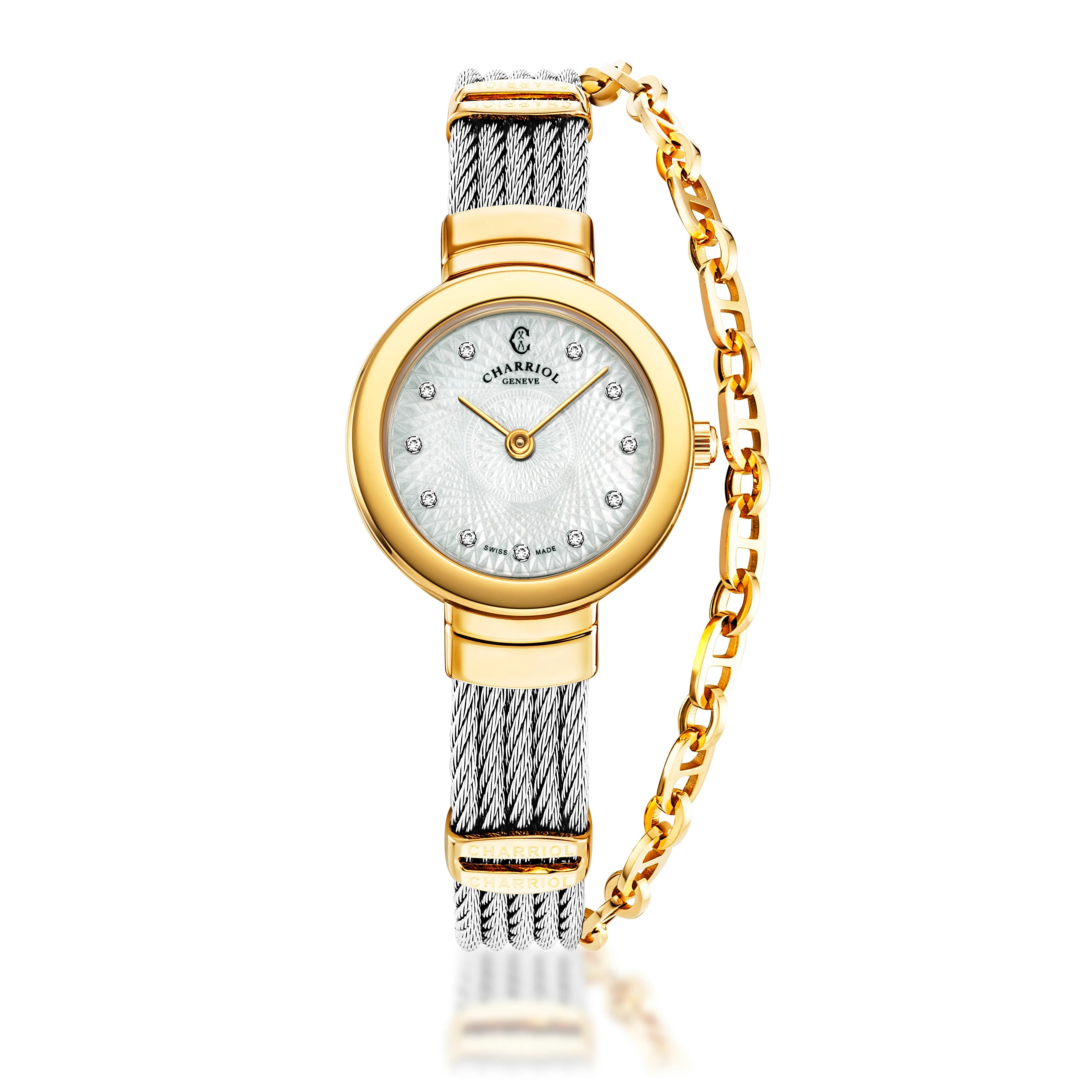 ST-TROPEZ® GUILLOCHE, 25MM, STEEL YELLOW GOLD PVD BEZEL, WHITE GUILLOCHE MOTHER-OF-PEARL WITH 10 DIAMONDS DIAL, STEEL CABLE WITH YELLOW GOLD PVD DECORS BRACELET - ©2025 Philippe Charriol International Ltd. -  Watch