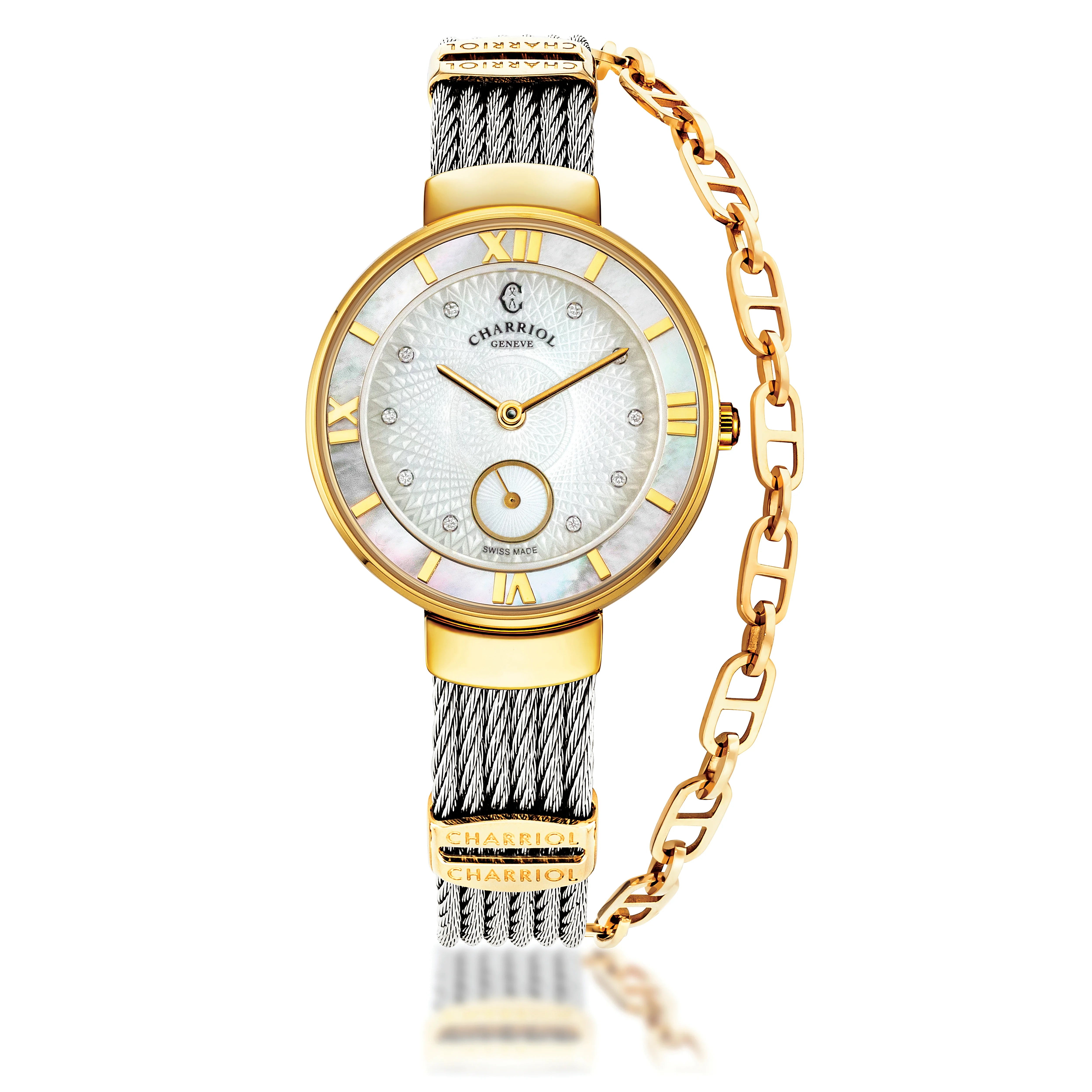ST-TROPEZ® GUILLOCHE, 30MM, WHITE MOTHER-OF-PEARL WITH ROMAN NUMERAL BEZEL, WHITE GUILLOCHE MOTHER-OF-PEARL WITH 10 DIAMONDS DIAL, STEEL CABLE WITH YELLOW GOLD PVD DECORS BRACELET - ©2025 Philippe Charriol International Ltd. -  Watch