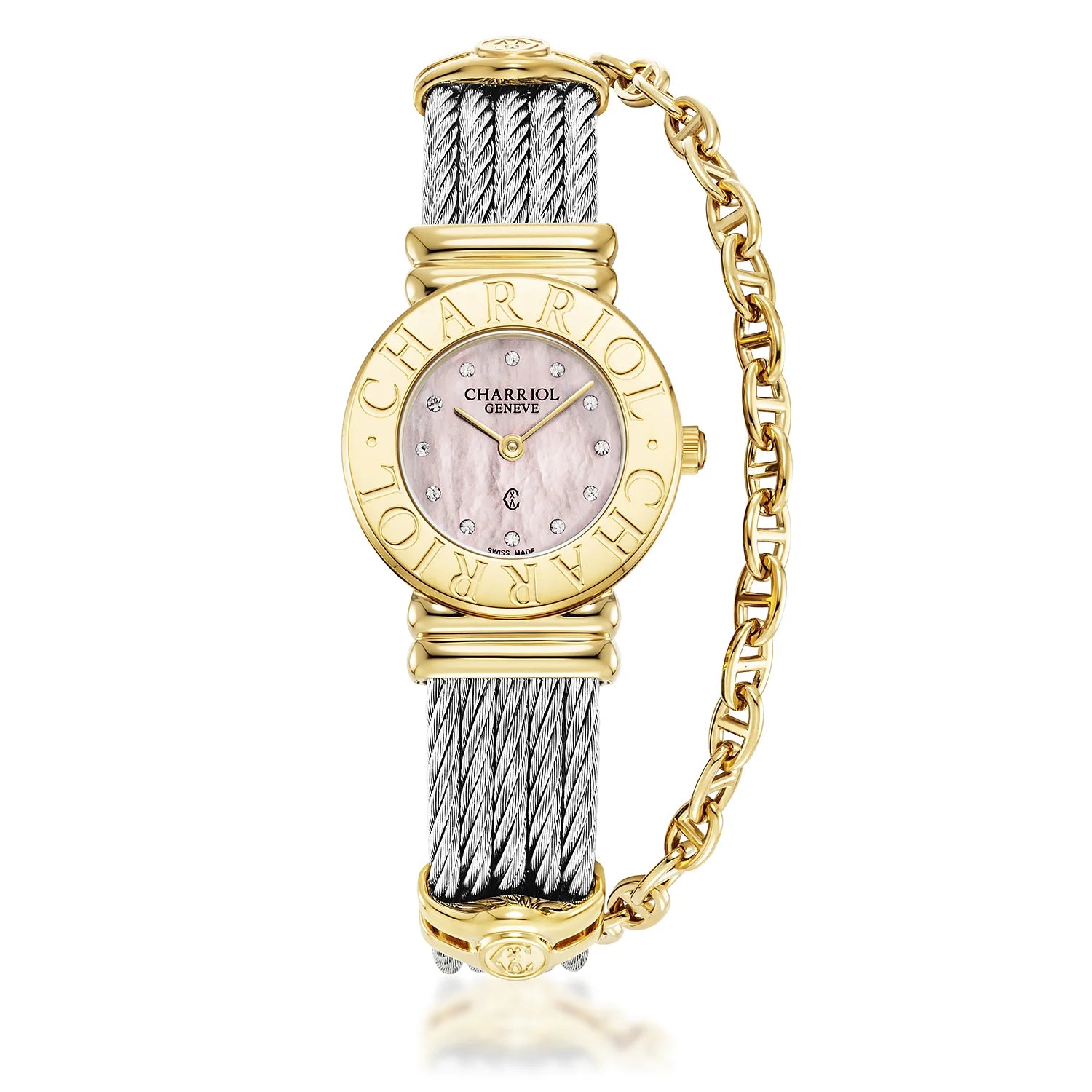 St Tropez Icon 24.5mm Uhr Gelbgold PVD, Stahlkabel, Charriol Lünette und 12 Diamanten Rosa MOP Zifferblatt - Charriol Geneve - Uhr