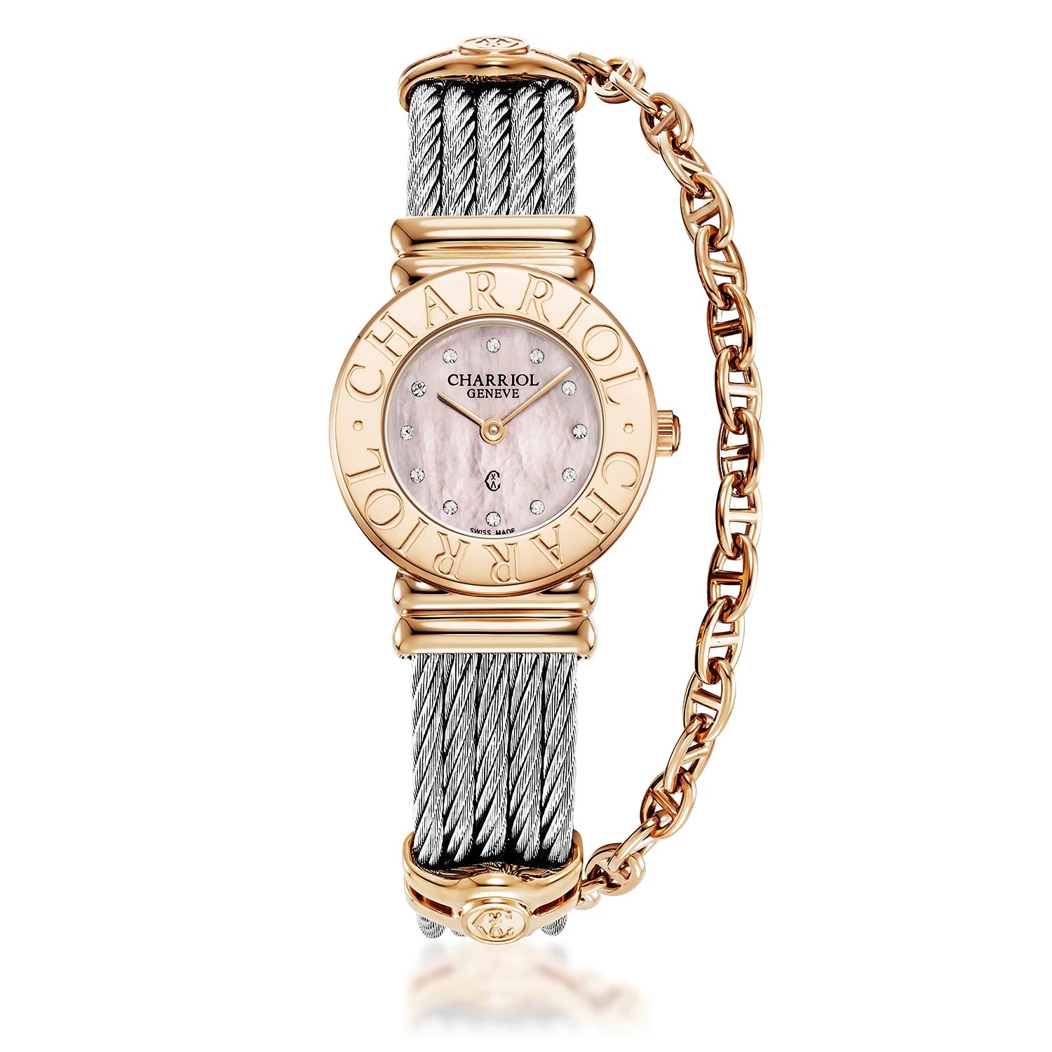 St Tropez Icon 24.5mm Uhr Rose Gold PVD, Stahlkabel, Charriol Lünette und 12 Diamanten Rosa MOP Zifferblatt - Charriol Geneve - Uhr