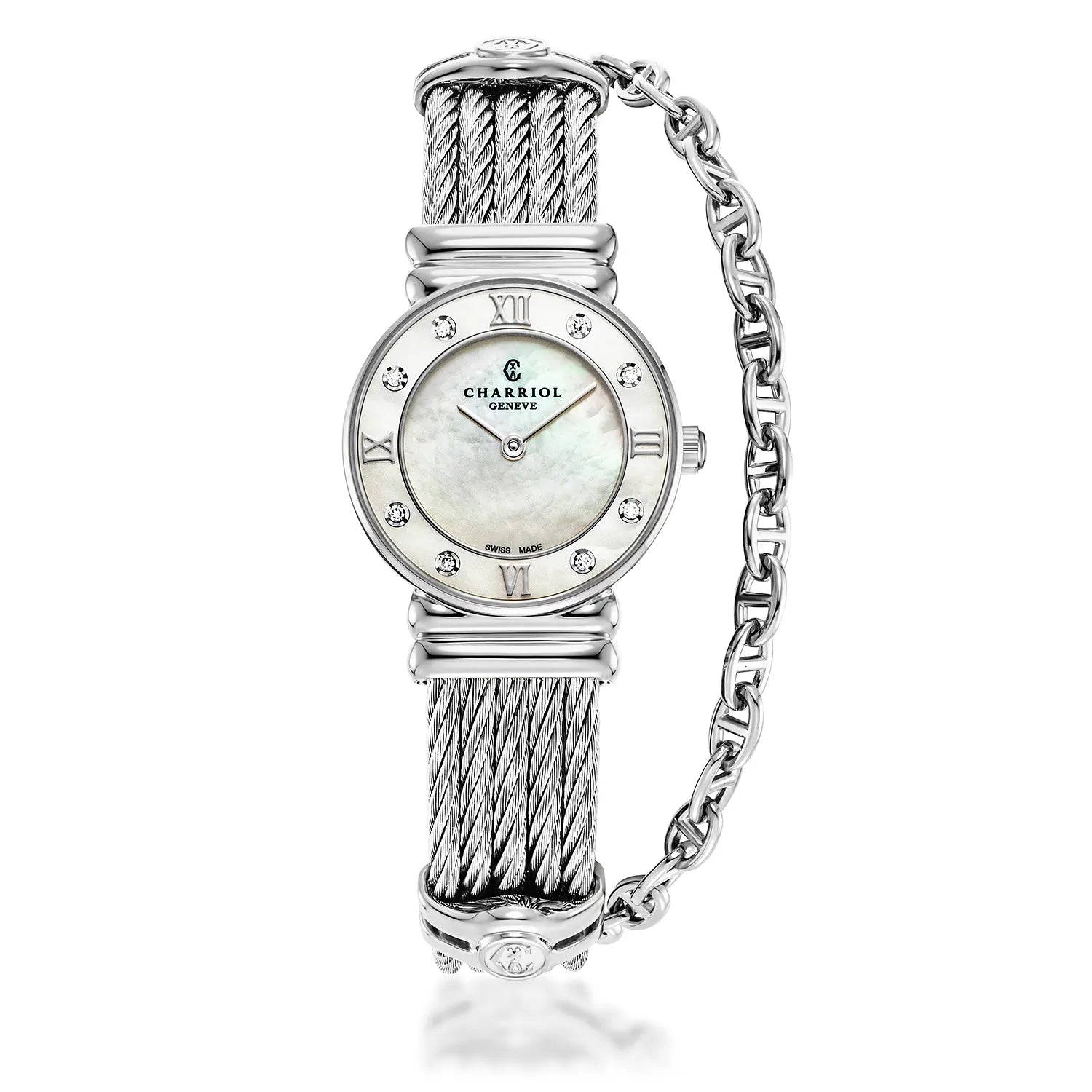 St Tropez Icon 24.5mm Uhr Edelstahl, Stahlkabel, 8 Diamanten Lünette und weißes MOP-Zifferblatt - Charriol Geneve - Uhr