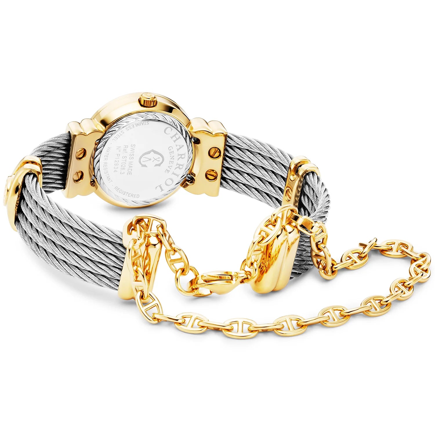 St Tropez Icon 24.5mm Uhr Gelbgold PVD, Stahlkabel, 8 Diamanten Lünette und weißes MOP-Zifferblatt - Charriol Geneve - Uhr