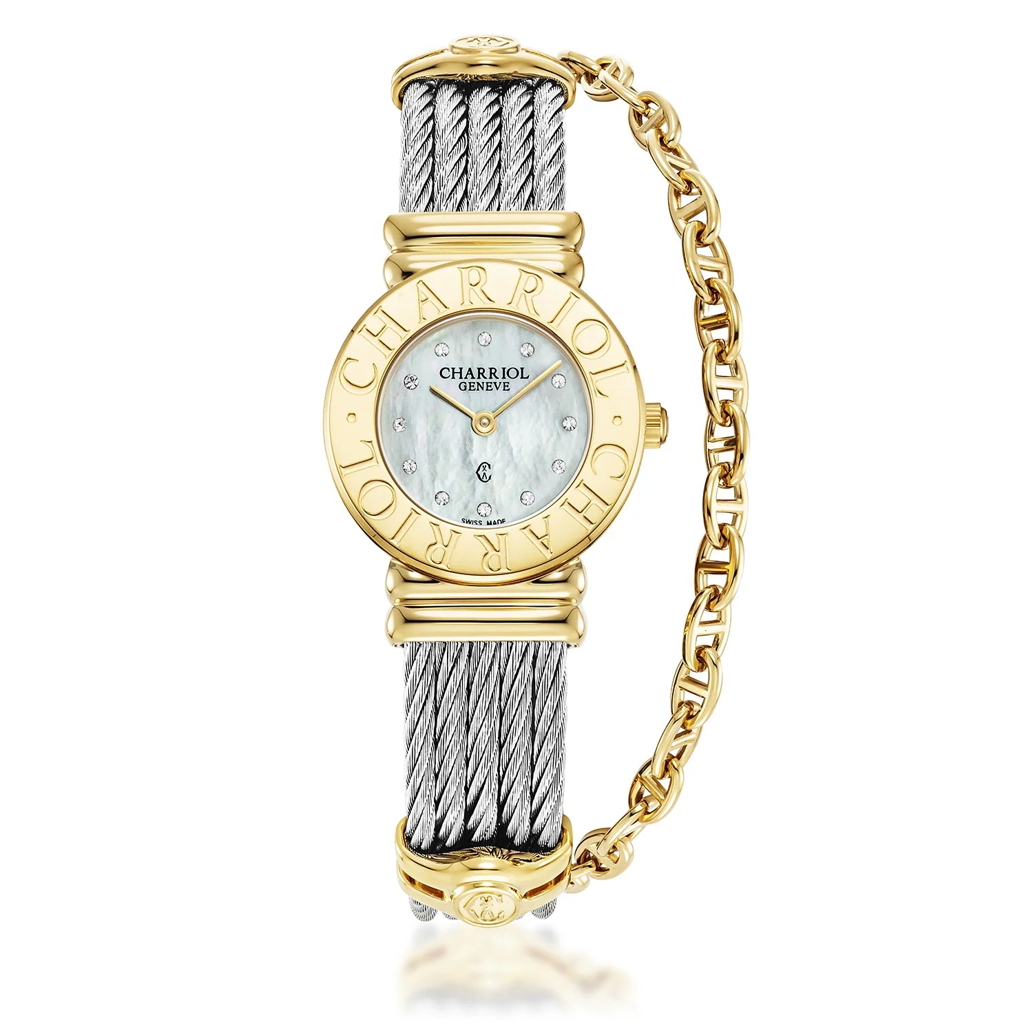 St Tropez Icon 24.5mm Uhr Gelbgold, Stahlkabel, Charriol Lünette und 12 Diamanten Weißes MOP-Zifferblatt - Charriol Geneve - Watch