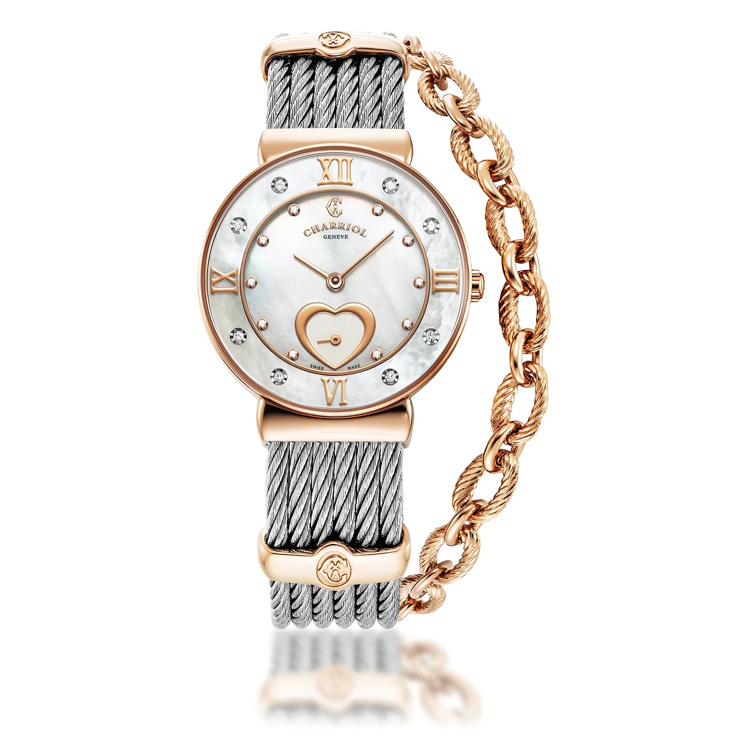 ST TROPEZ ICON, 30MM, QUARTZKALIBRIEREN, PERLMUTTERHERZZEICHEN, PERLMUTTER MIT 8 DIAMONEN, STAHLKABELARMBAND - Charriol Geneve - Watch