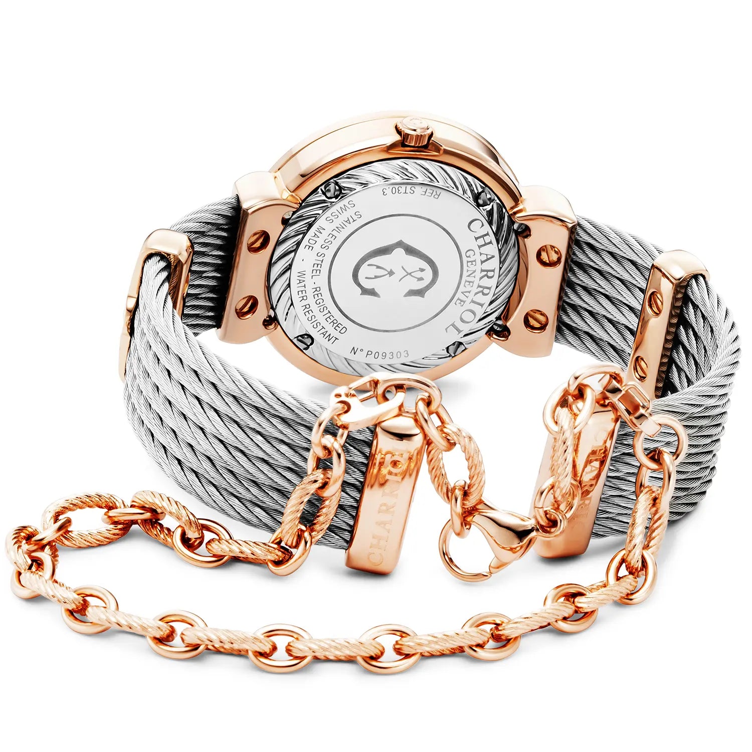 ST TROPEZ ICON, 30MM, QUARTZ KALIBRIEREN, PERLMUTTER HIBISKUS ZIFFERN, PERLMUTTER MIT 8 DIAMONEN BESETZT, STAHLKABELARMBAND - Charriol Geneve - Watch