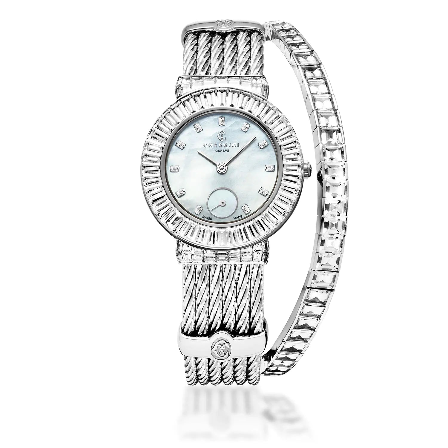 ST TROPEZ ICON, 30MM, QUARTZ KALIBRIEREN, PERLMUTTER MIT 11 DIAMANTEN, VOLL DIAMANTEN, STAHLKABEL MIT DIAMANTEN, ARMBAND - Charriol Geneve - Watch