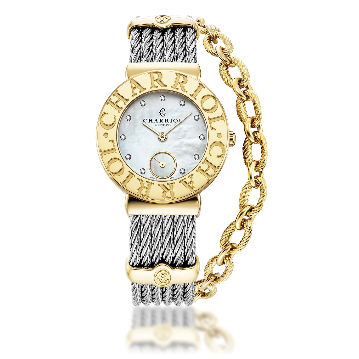 ST TROPEZ ICON, 30MM, QUARTZKALIBRIER, PERLMUTTER MIT 11 DIAMANTEN ZIFFERN,CHARRIOL CHARRIOL" BESELN, STAHLKABELARMBAND - Charriol Geneve - Uhren