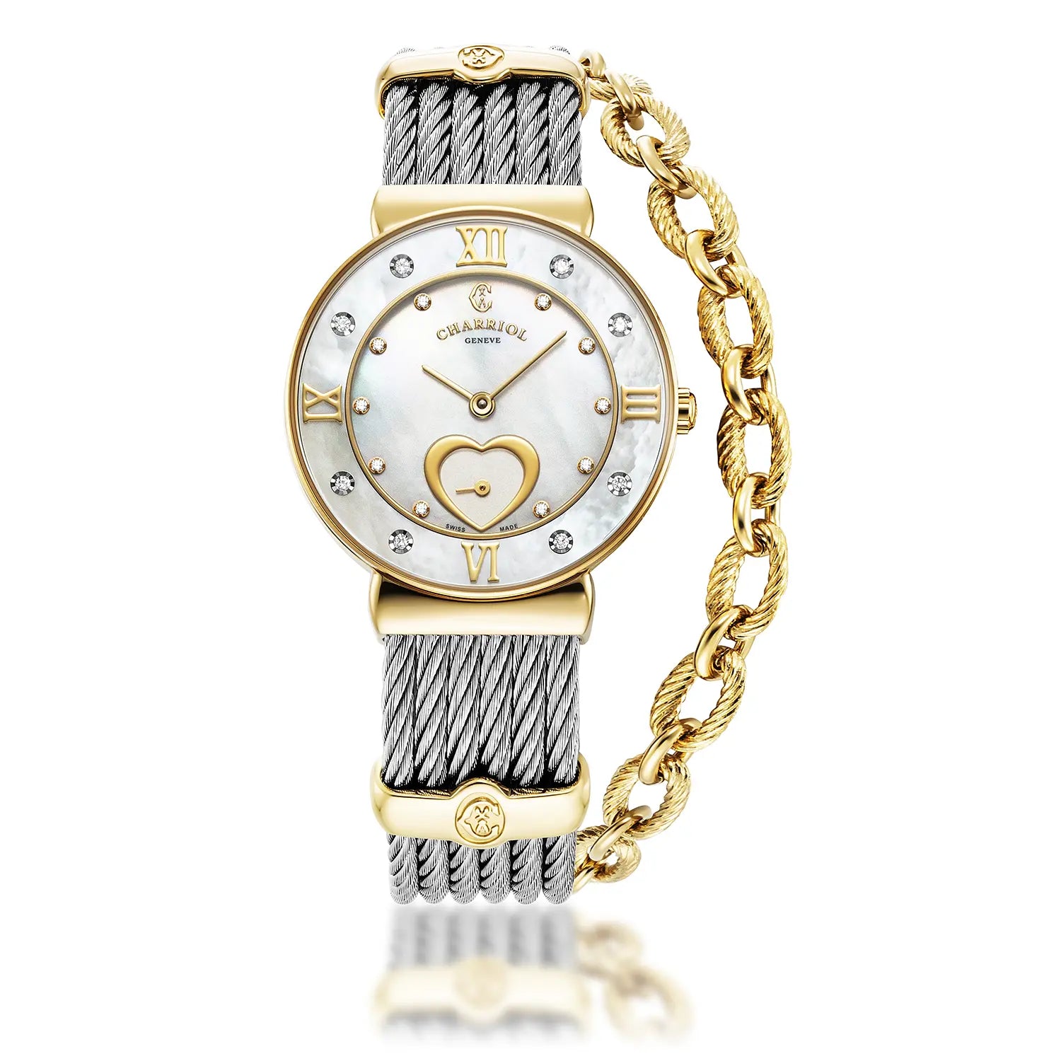 ST TROPEZ ICON, 30MM, QUARTZKALIBRIEREN, PERLMUTTERHERZZEICHEN, PERLMUTTER MIT 8 DIAMONEN, STAHLKABELARMBAND - Charriol Geneve - Watch