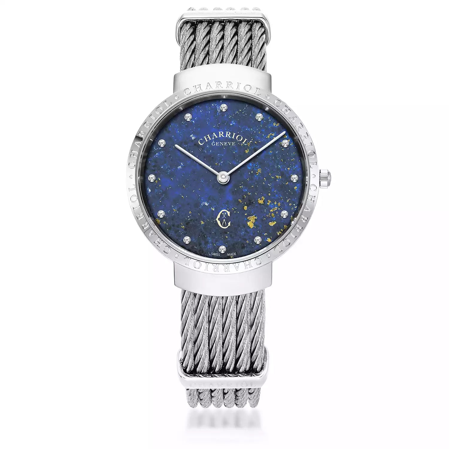 SLIM, 34MM, QUARTZ KALIBER, LAPIS LAZULIS GEDRUCKTES ZIFFERBLATT, STAHLKETTE, STAHLKABELARMBAND - Charriol Geneve - Watch