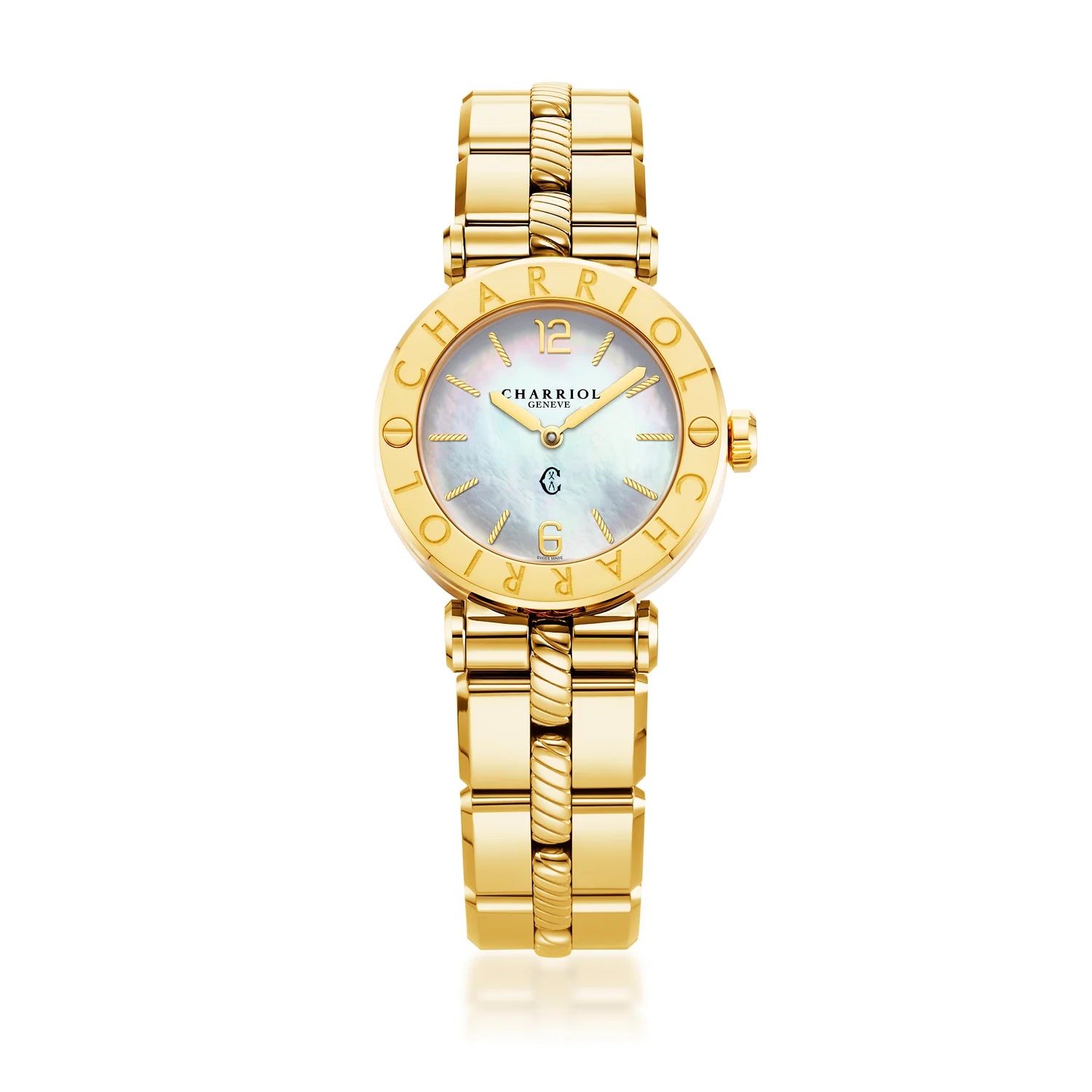 St Tropez Cruise Uhr Weiß und GelbgoldSt Tropez Cruise 28mm Uhr Gelbgold-Armband, Gelbgold & 2 Schrauben Lünette und weißes MOP-Zifferblatt - Charriol Geneve - Watch