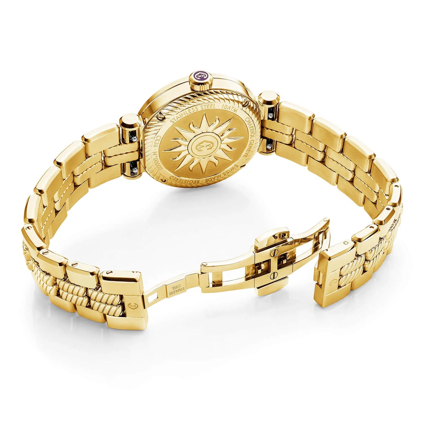 NAVIGATOR CRUISE, 36MM, QUARZKALIBER, WEISSE PERLMUTTER MIT 12 RÖMISCHEN ZAHLEN, STAHL GELB GOLD PVD MIT 30 DIAMONEN & 6 SCHRAUBEN SÄULE, METALL GELB GOLD PVD AUSTAUSCHBARES ARMBAND - © 2024 Charriol - Uhr