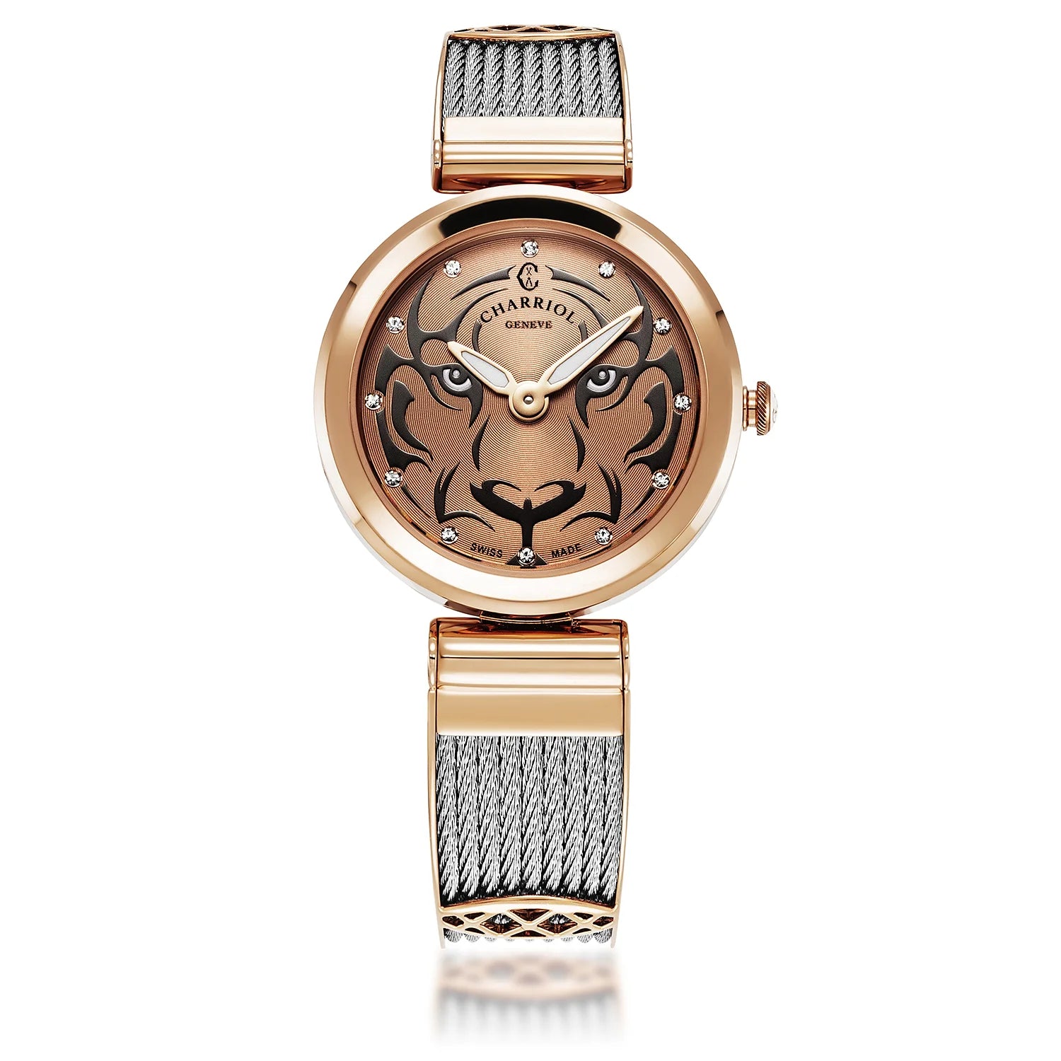 FOREVER, 32MM, QUARTZ CALIBRE, TIGER DIAL, ROSE GOLD PVD BEZEL, STEEL CABLE BRACELET - Charriol Geneve -  Watch