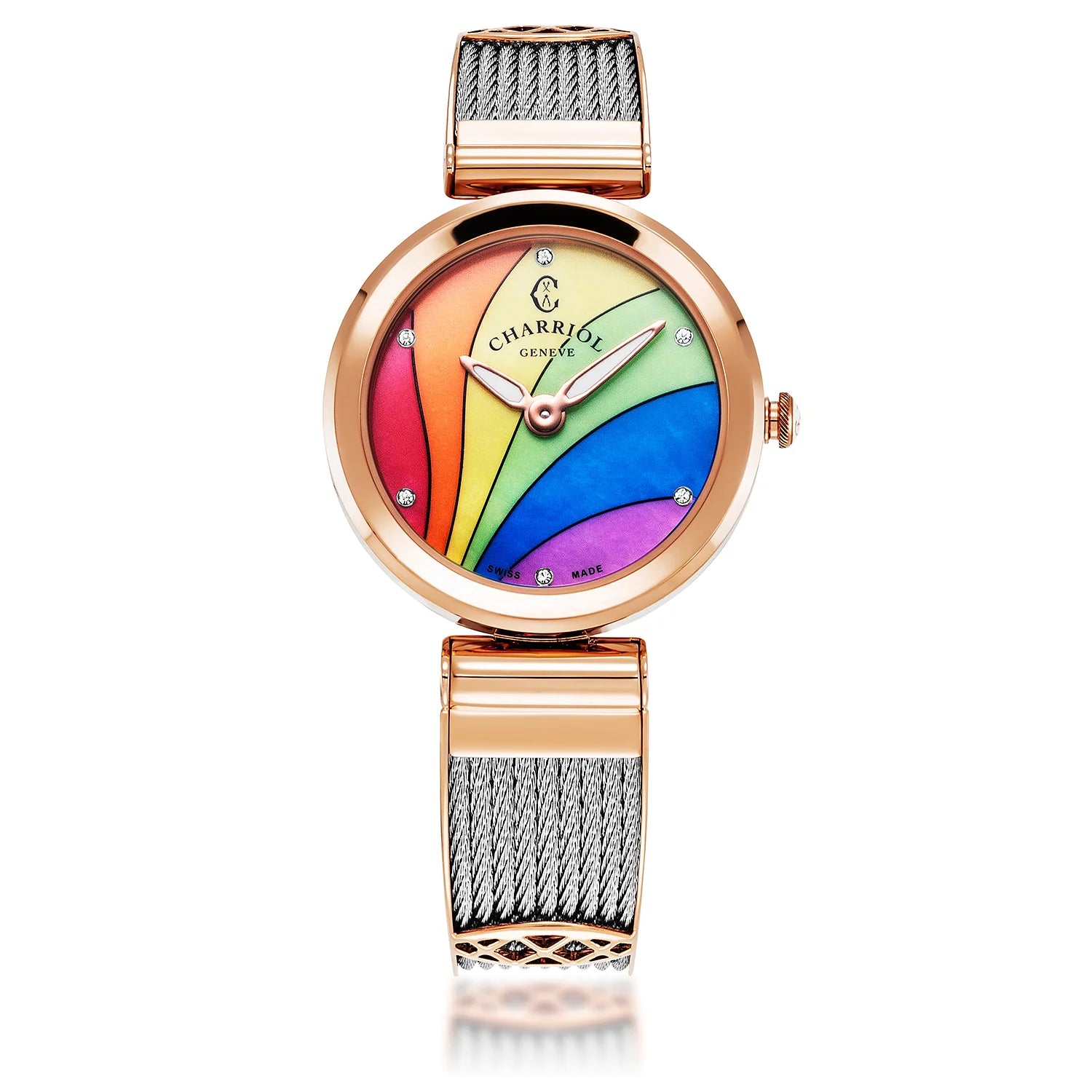 FOREVER, 32MM, QUARTZKALIBER, RAINBOW MIT 6 ZIRCONIAS ZIFFERN, STAHL ROSENGOLD PVD BESAND, STAHLKABELARMBAND - Charriol Geneve - Watch