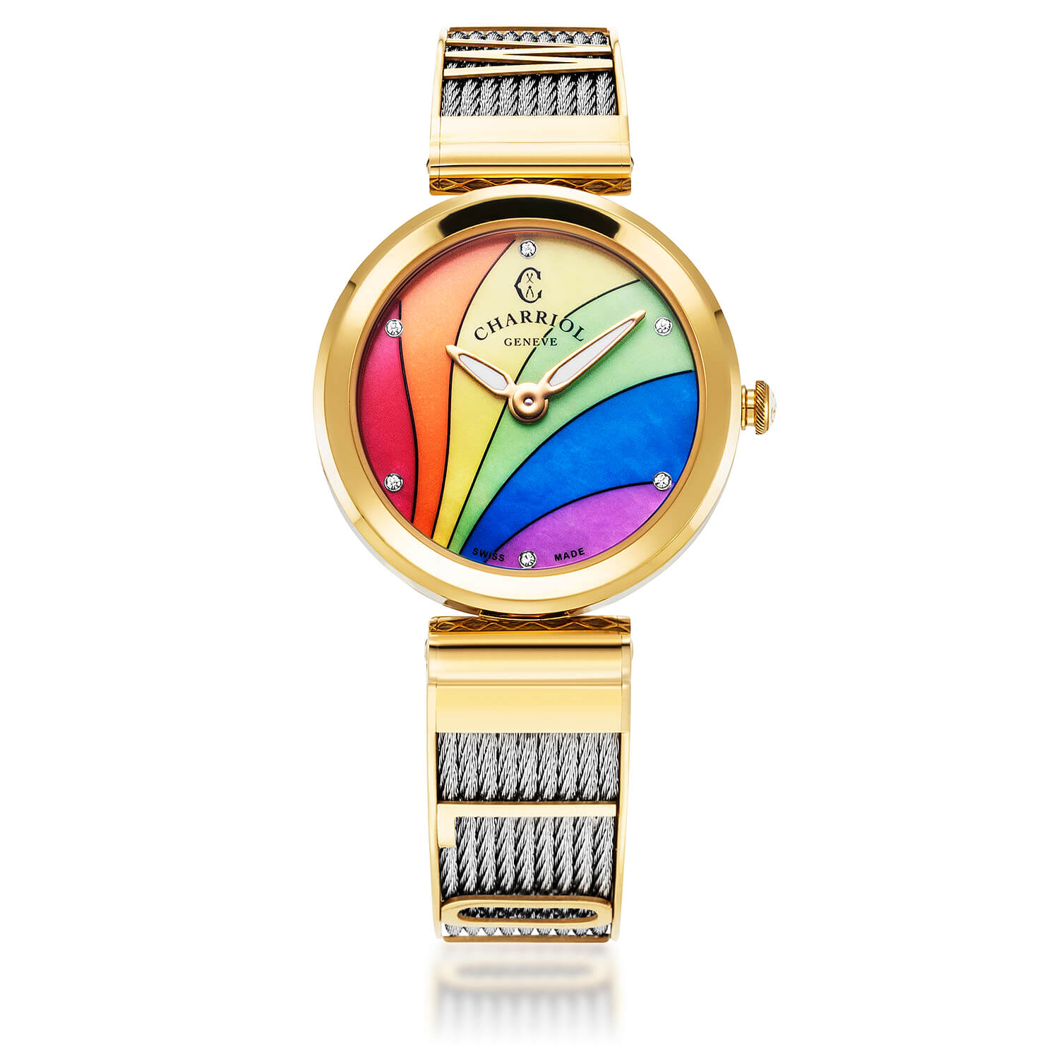 FOREVER YOURS, 32MM, QUARTZ-KALIBER, RAINBOW MIT 6 ZIRCONIAS ZIFFERN, STAHL-GELB-GOLD PVD-BEZEL, STAHLKABELARMBAND - Charriol Geneve - Watch