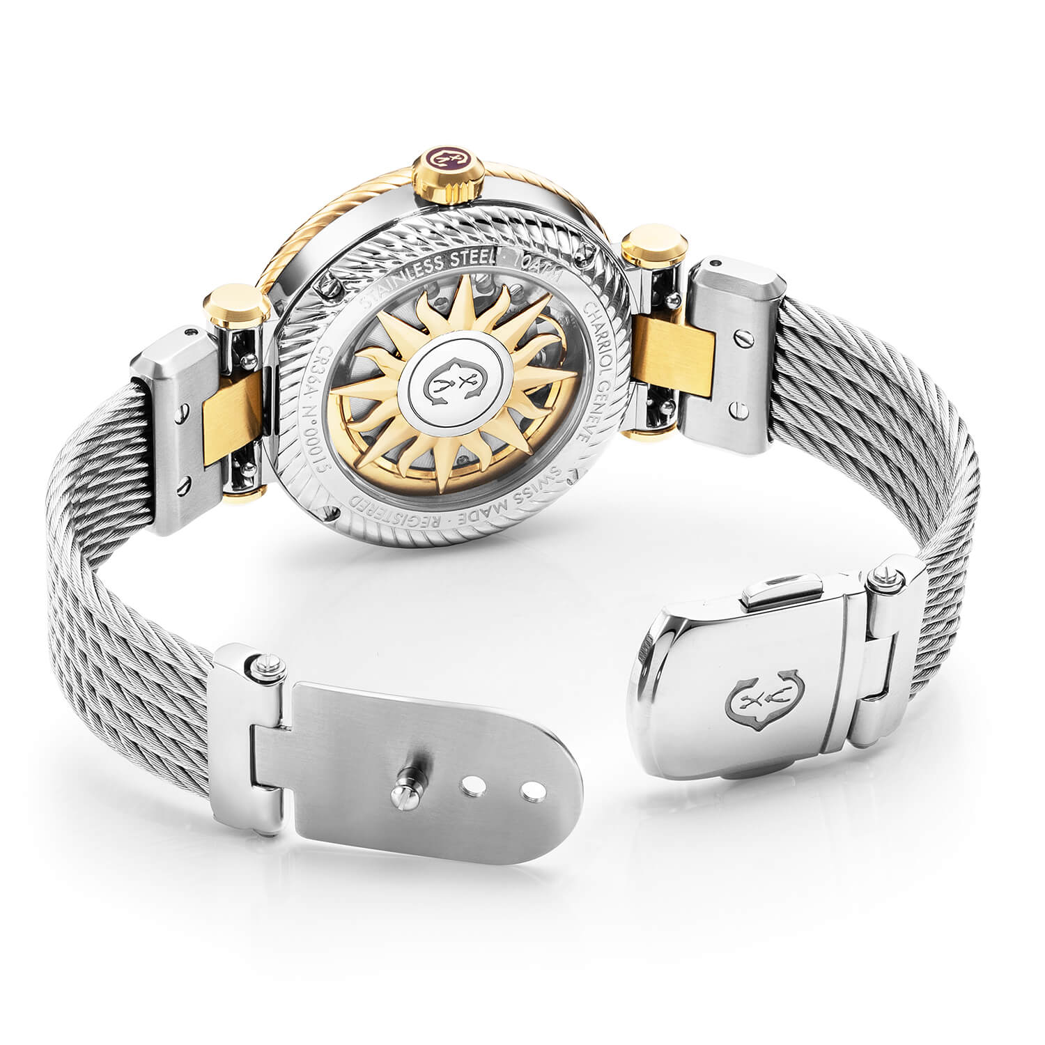 NAVIGATOR SURF, 36MM, AUTOMATISCHE KALIBRIERUNG, WEISSE PERLMUTTER UND SILBER MIT 8 DIAMANTEN ZIFFERN, STAHL GELB GOLD PVD MIT 30 KLEINEN SCHLITZDIAMANTEN UND 6 KLEINEN SCHLITZDIAMANTEN, STAHL AUSTAUSCHBARES KABELARMBAND MIT GELB GOLD PVD ANGESCHLOSSEN - © 2024 Charriol - Watch