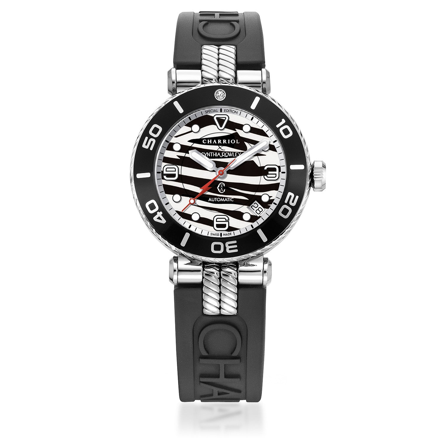 NAVIGATOR SURF, 36MM, AUTOMATISCHE KALIBRIERUNG, SHARK-ZEICHER, SCHWARZ MIT 1 DIAMANTKREIS, SCHWARZES GUMMI-AUSTAUSCHARMBAND - © 2024 Charriol - Uhr