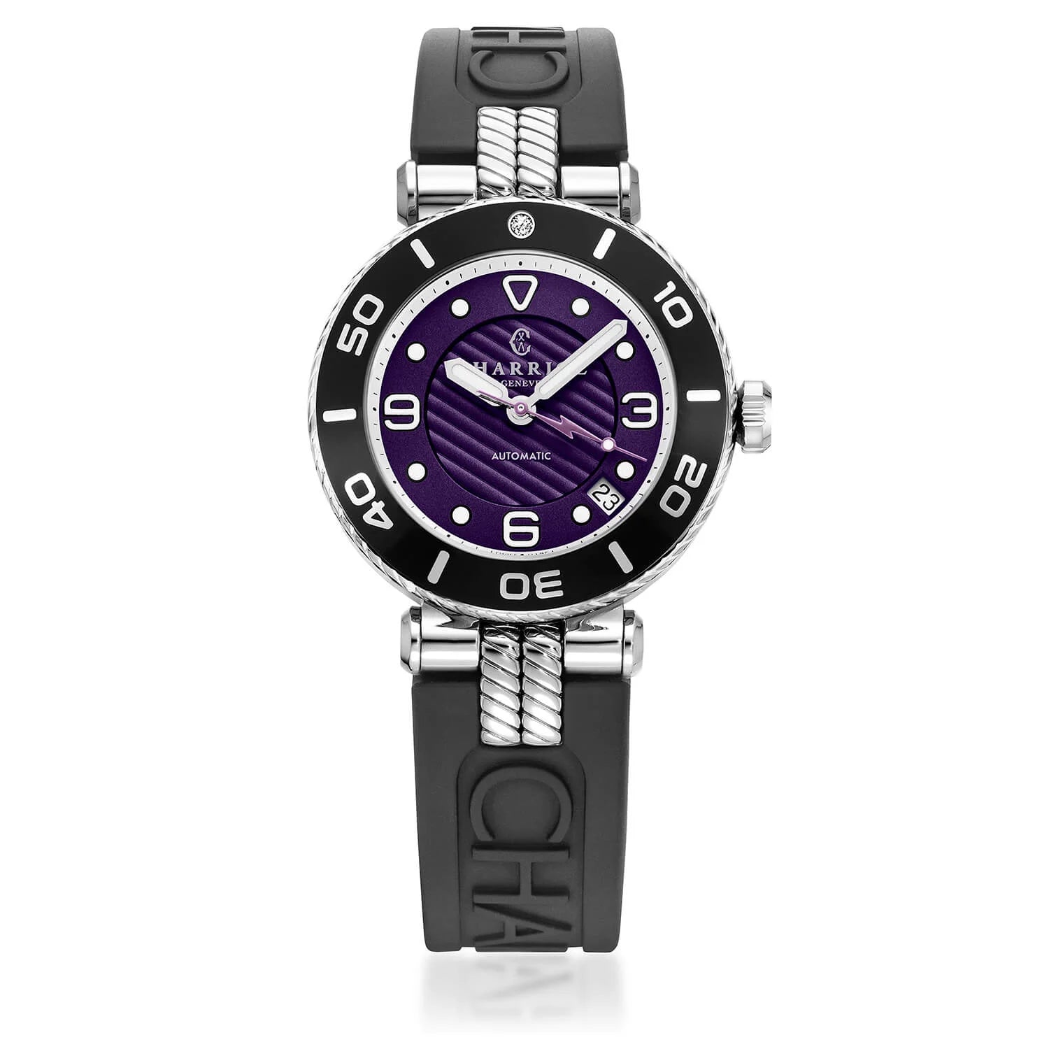 NAVIGATOR SURF, 36MM, AUTOMATIKKALIBRIER, SCHWARZ MIT 1 DIAMANTKREIS, ZIFFERBLATT PURPEL, SCHWARZES AUSTAUSCHBARES GUMMIARMBAND - ©2024 Philippe Charriol  International Ltd. - Uhr