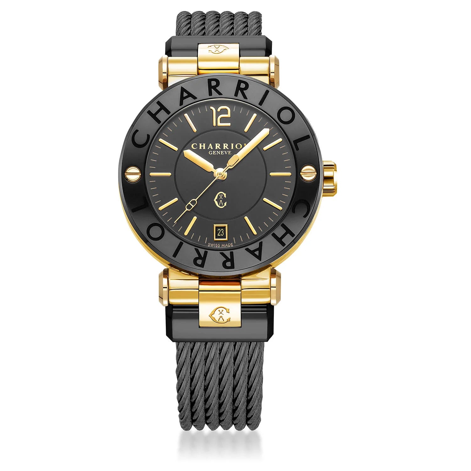 NAVIGATOR CRUISE, 41MM, QUARZKALIBRIER, SCHWARZ MIT 2 GELBEN ARABISCHEN UND 9 INDEX, STAHL SCHWARZ PVDCHARRIOL CHARRIOL" MIT 2 SCHRAUBEN BEZEL, STAHL SCHWARZ PVD AUSTAUSCHBARES KABELARMBAND MIT GELBEM GOLD ANGESCHLOSSEN - © 2024 Charriol - Watch