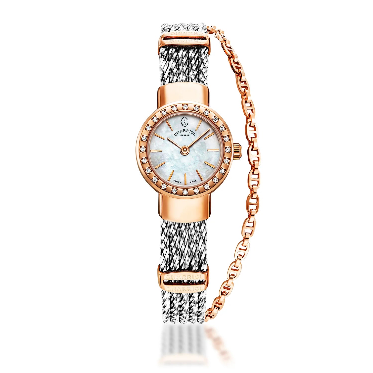 ST TROPEZ, 20MM, QUARTZKALIBER, ZIFFERNMUTTER-PERL, STAHL ROSENGOLD PVD MIT 24 DIAMANTEN, STAHLKABELARMBAND - Charriol Geneve - Watch