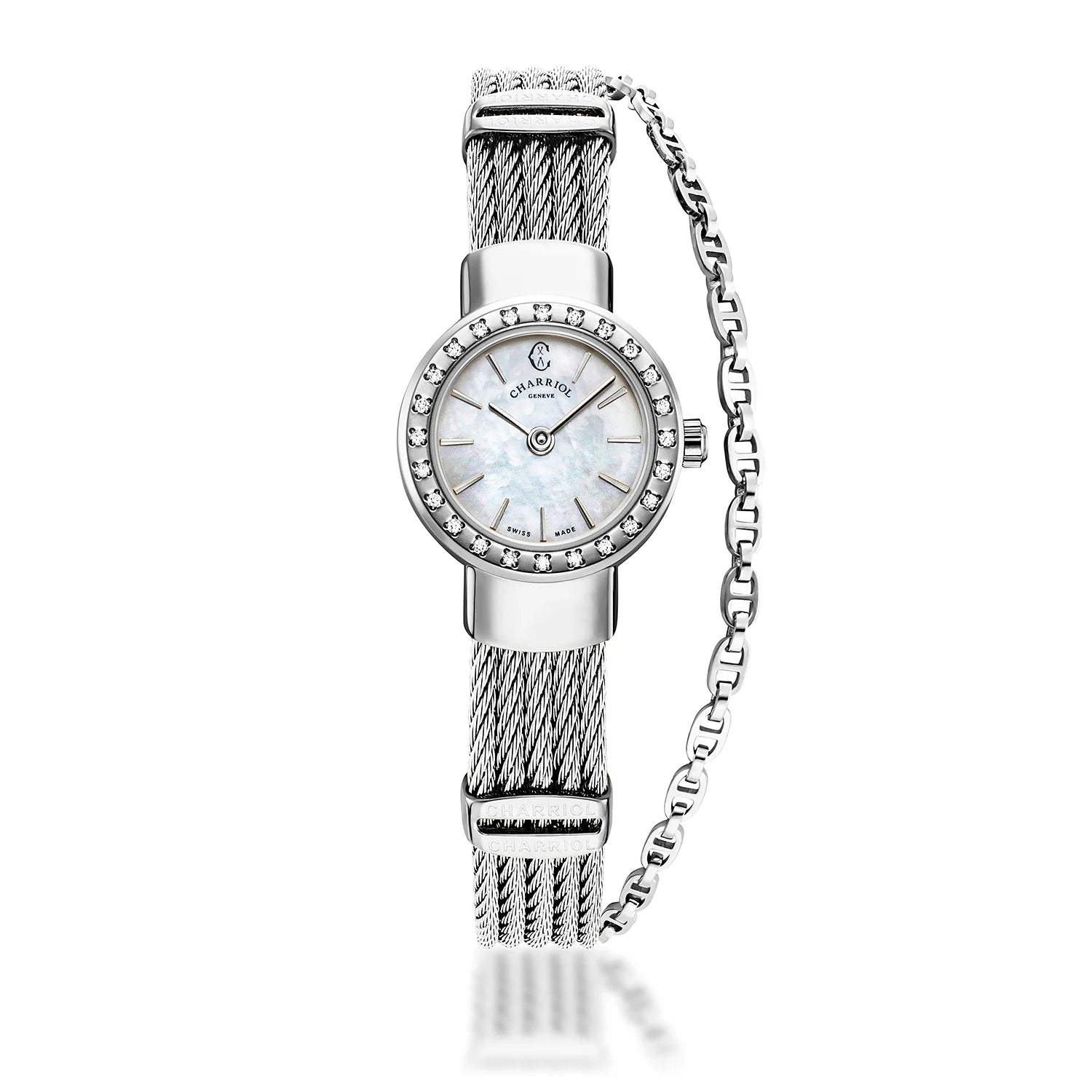 ST TROPEZ, 20MM, QUARZKALIBER, PERLMUTTER-ZEICHEN, STAHL MIT 24 DIAMANTEN, STAHLKABELARMBAND - Charriol Geneve - Watch