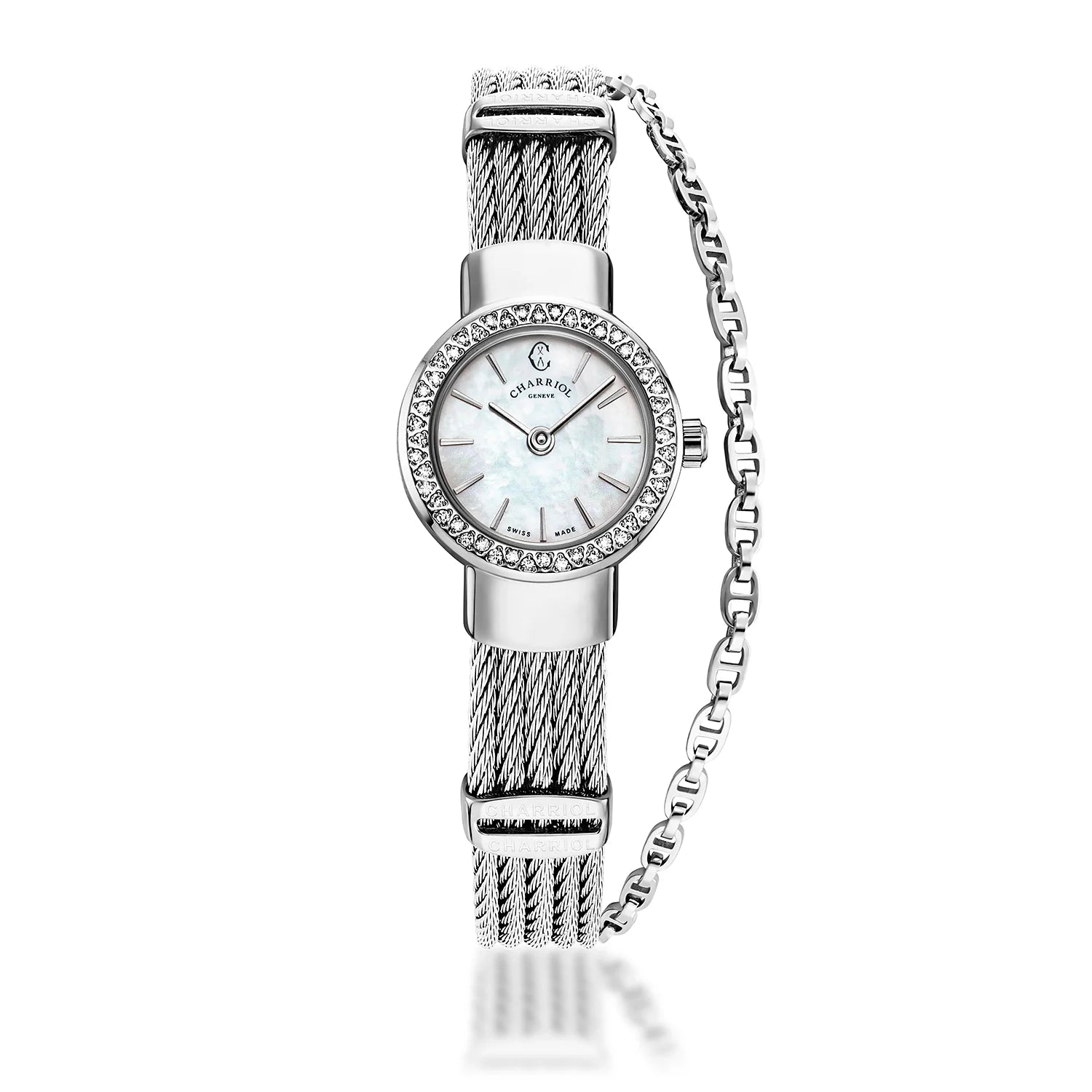 St Tropez Icon 20mm Uhr Edelstahl, Stahlkabel, 48 Diamanten Lünette und weißes MOP-Zifferblatt - Charriol Geneve - Uhr