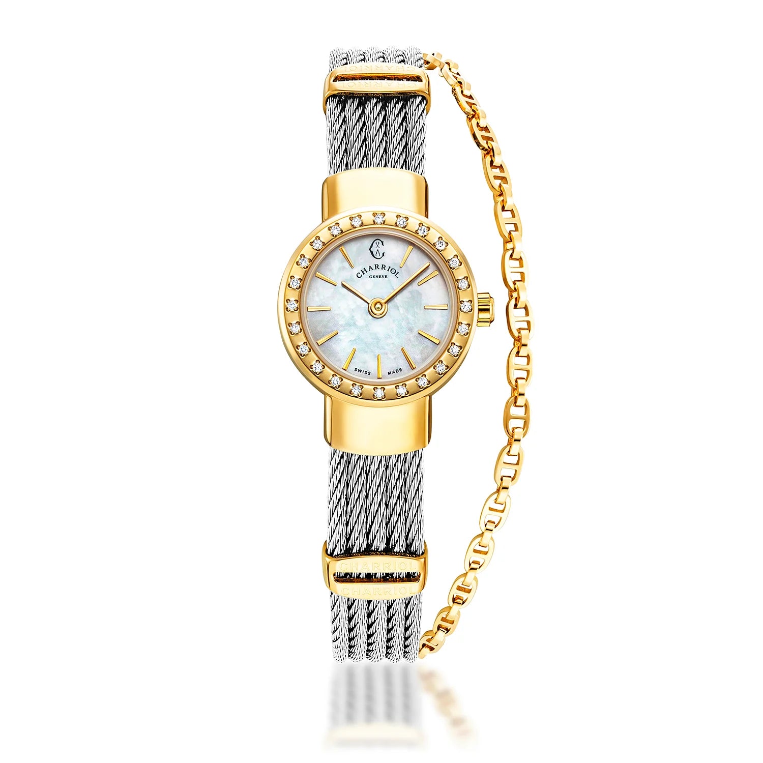 ST TROPEZ, 20MM, QUARTZKALIBER, PERLMUTTER-ZEICHEN, GELB GOLD PVD MIT 24 DIAMANTEN, STAHLKABELARMBAND - Charriol Geneve - Watch