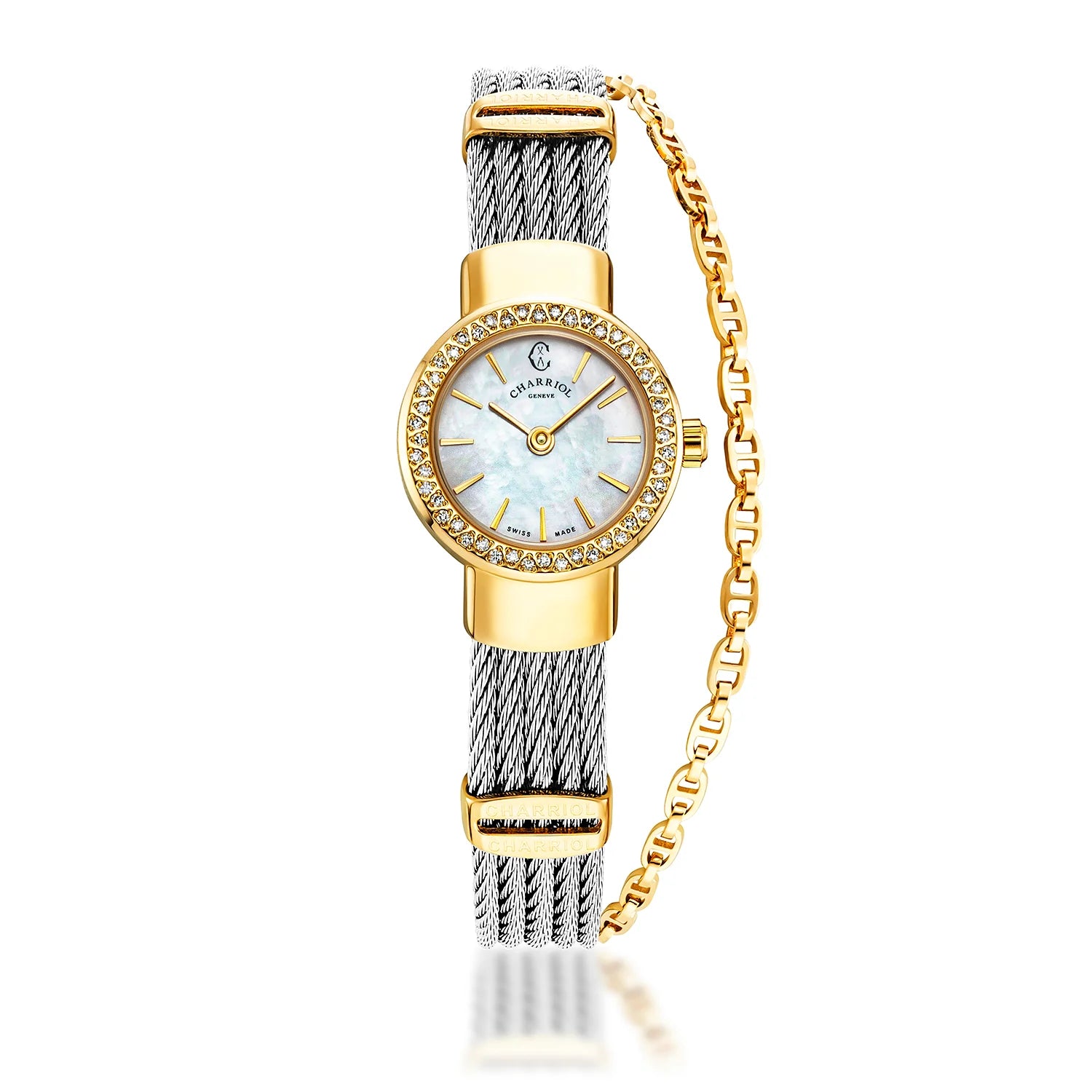 St Tropez Icon 20mm Uhr Gelbgold PVD, Stahlkabel, 48 Diamanten Lünette und weißes MOP-Zifferblatt - Charriol Geneve - Uhr