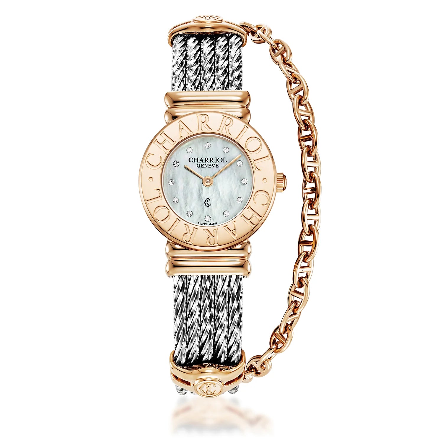 St Tropez Icon 24.5mm Uhr Rose Gold PVD, Stahlkabel, Charriol Lünette und 12 Diamanten Weißes MOP Zifferblatt - Charriol Geneve - Watch