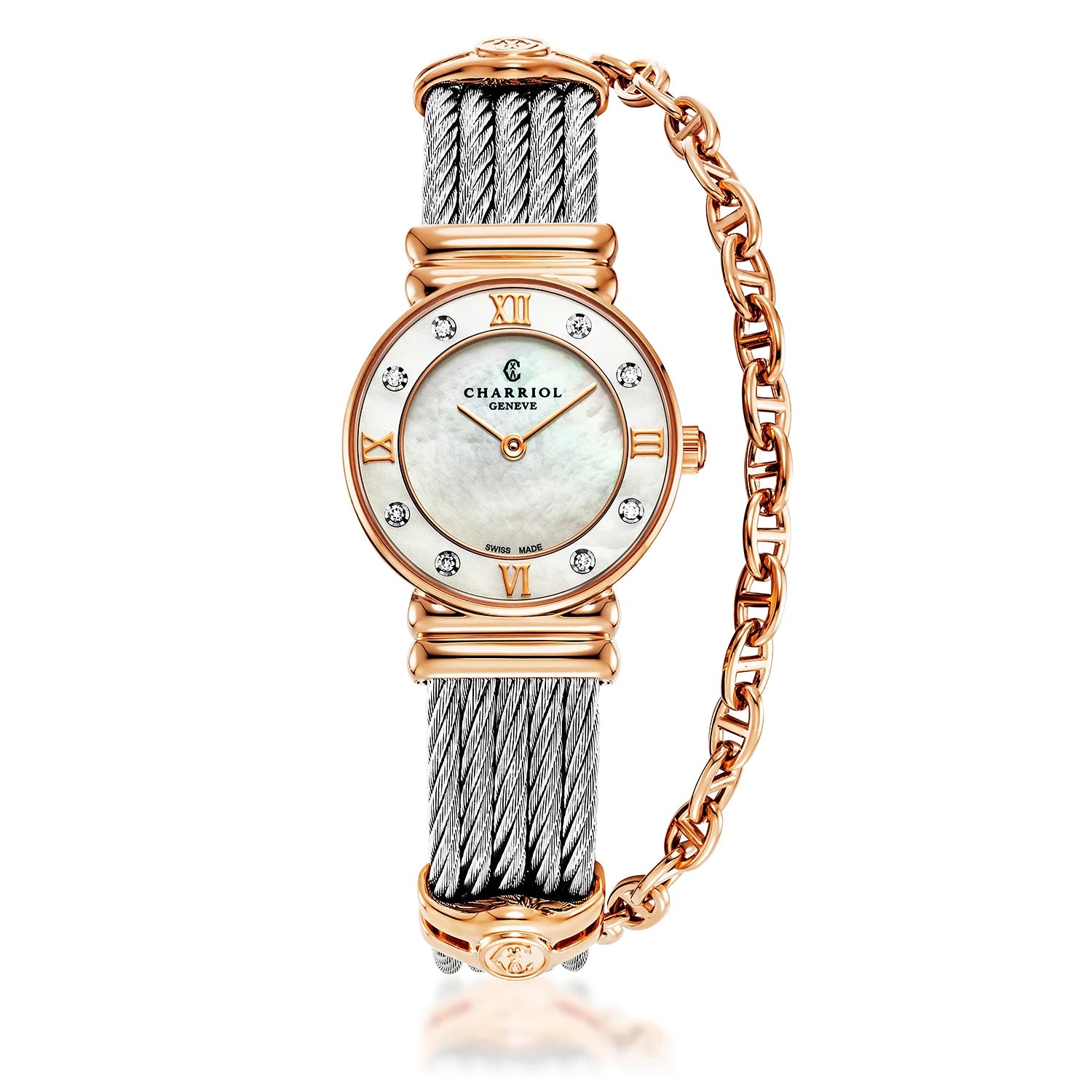 St Tropez Icon 24.5mm Uhr Rose Gold PVD, Stahlkabel, 8 Diamanten Lünette und weißes MOP-Zifferblatt - Charriol Geneve - Watch