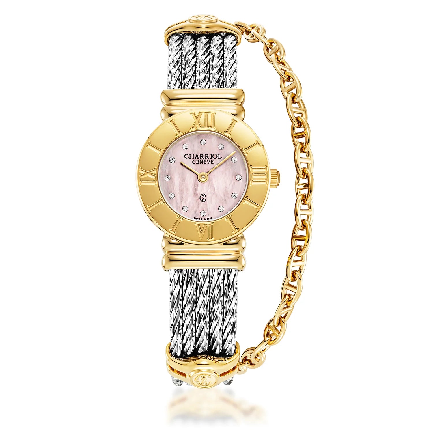 St Tropez Icon 24.5mm Uhr Gelbgold, Stahlkabel, römische Lünette und 12 Diamanten rosa MOP-Zifferblatt - Charriol Geneve - Uhr