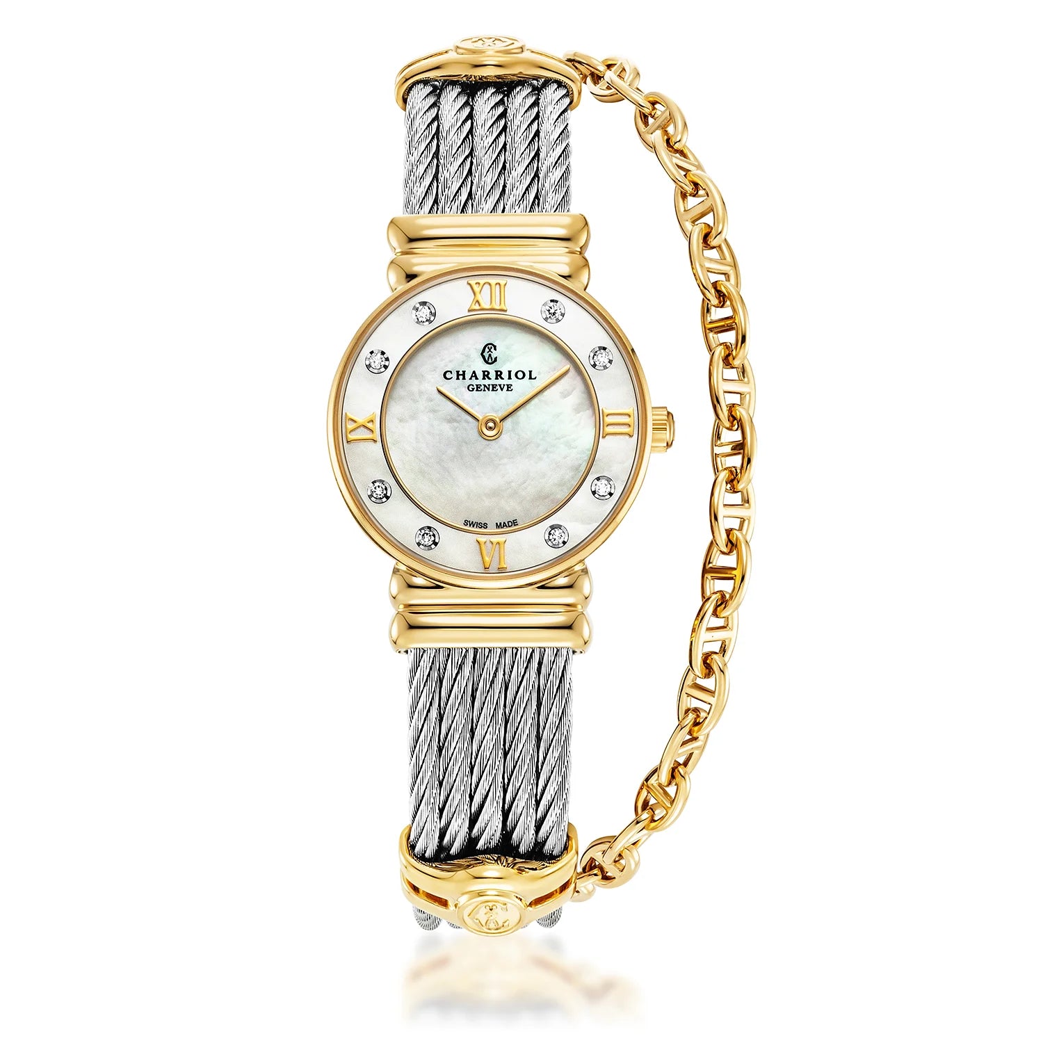 St Tropez Icon 24.5mm Uhr Gelbgold PVD, Stahlkabel, 8 Diamanten Lünette und weißes MOP-Zifferblatt - Charriol Geneve - Uhr